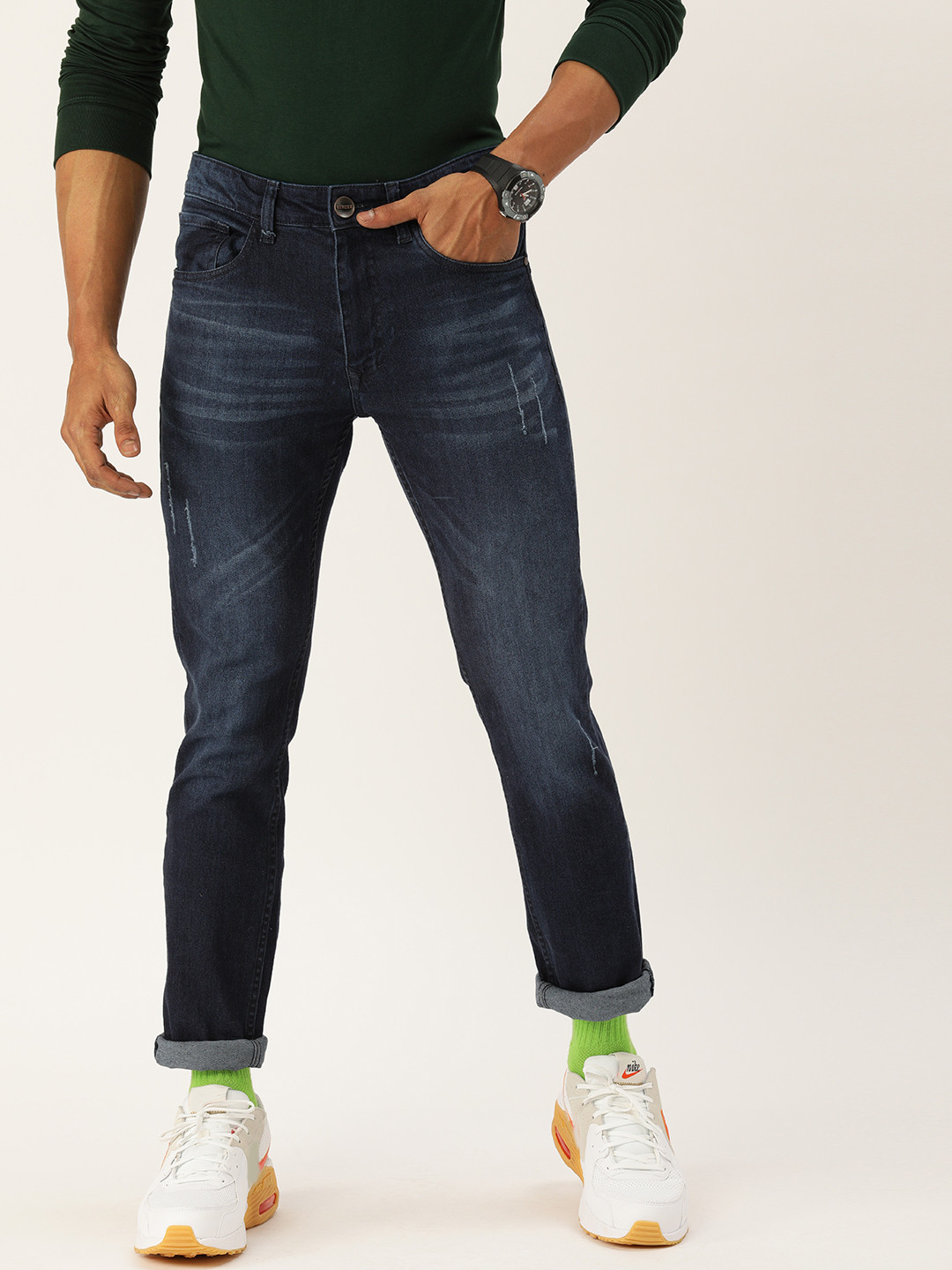 

SINGLE Men Blue Slim Fit Low Distress Light Fade Stretchable Jeans