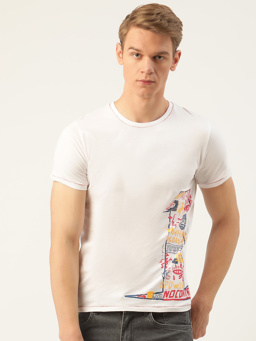 SINGLE Men White Navy Blue Printed Round Neck Pure Cotton T-shirt