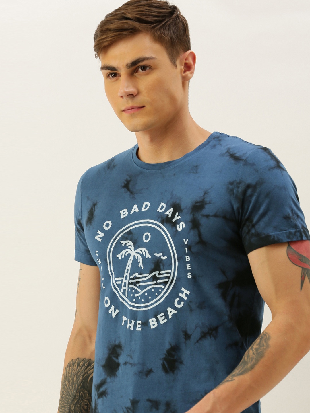 

SINGLE Men Navy Blue Printed Round Neck Pure Cotton T-shirt