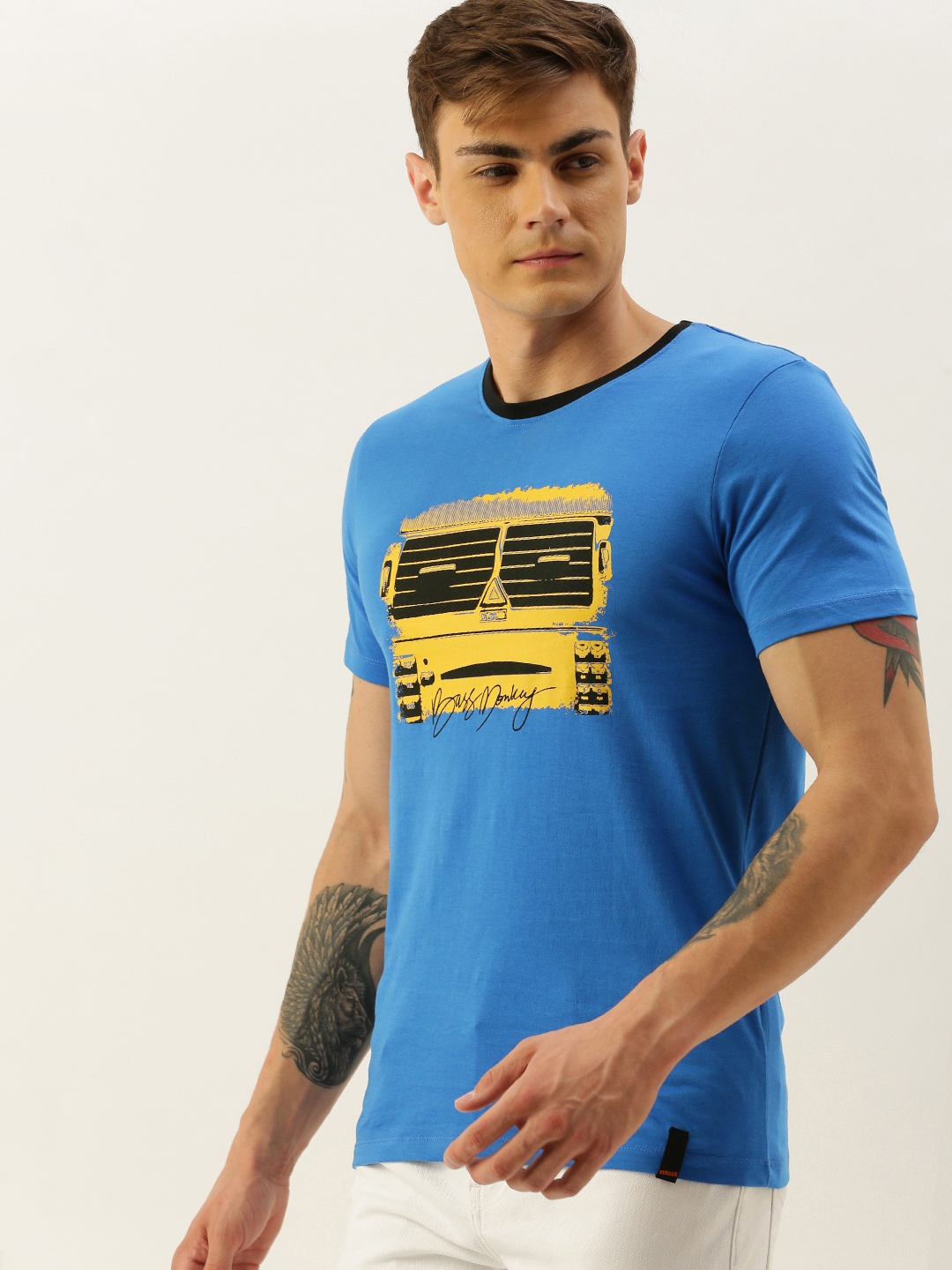

SINGLE Men Blue Printed Slim Fit Round Neck Pure Cotton T-shirt