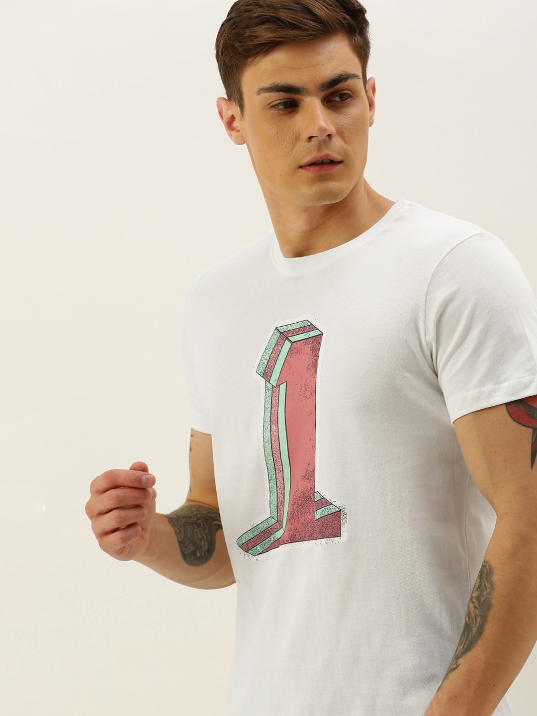 

SINGLE Men White Printed Slim Fit Round Neck Pure Cotton T-shirt
