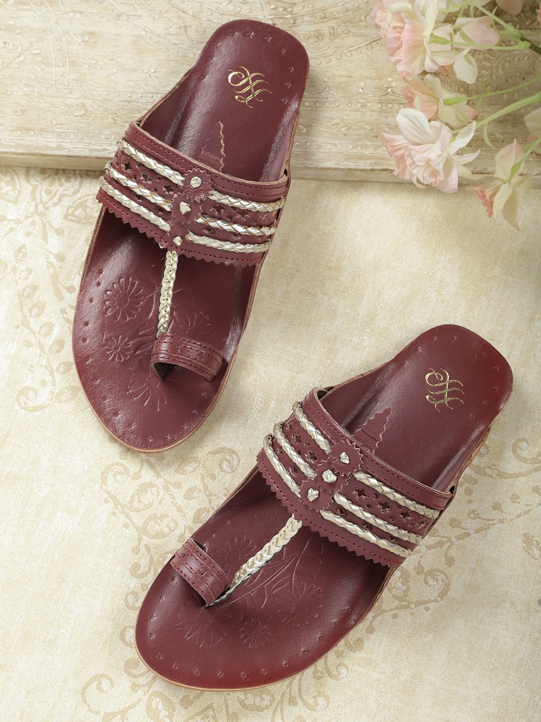 

House of Pataudi Women Maroon Braided & Laser Cut Handcrafted Leather One Toe Flats