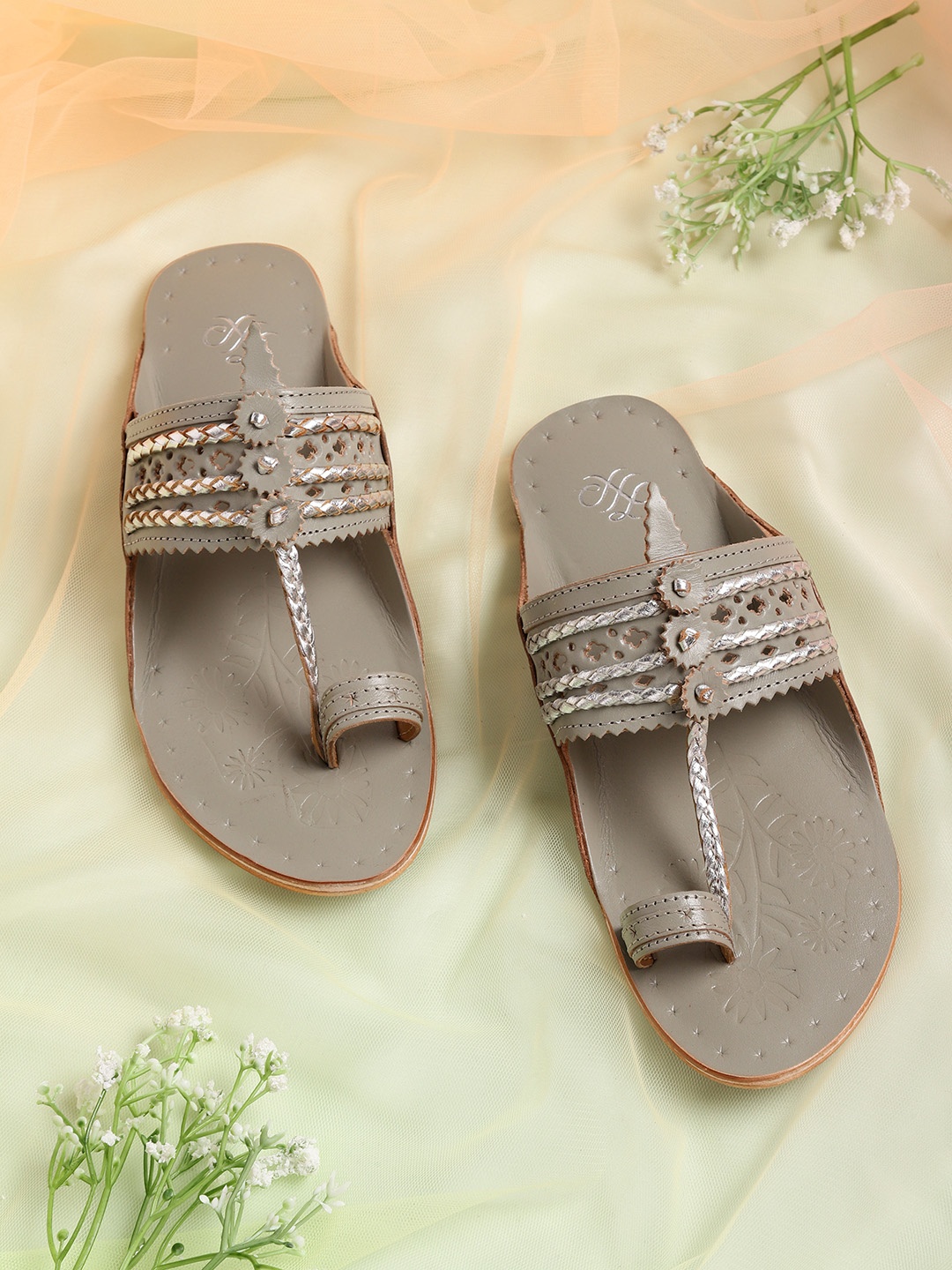 

House of Pataudi Women Grey Braided & Laser Cut Handcrafted Leather One Toe Flats