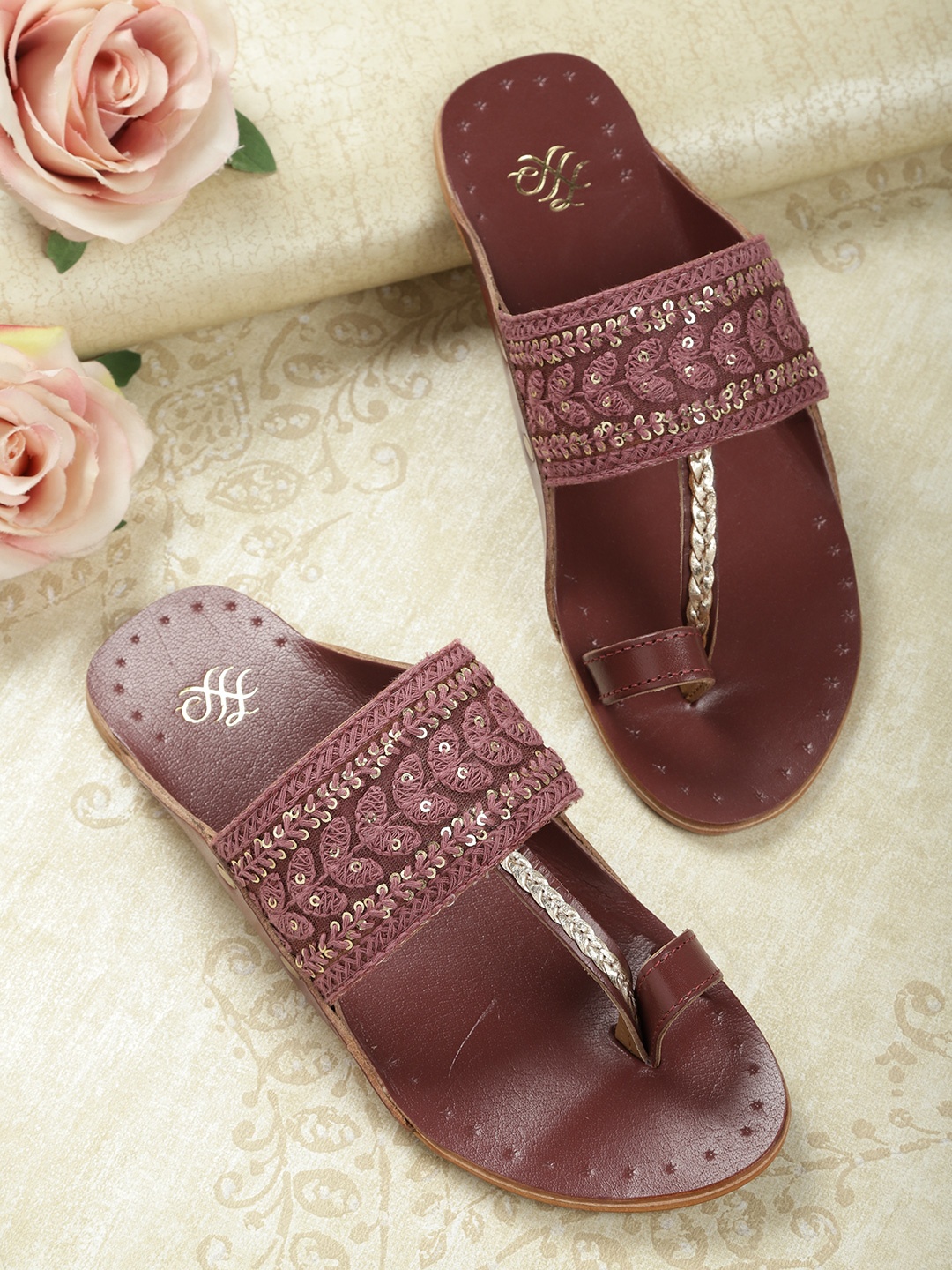 

House of Pataudi Women Burgundy Embroidered & Sequinned Leather One Toe Flats