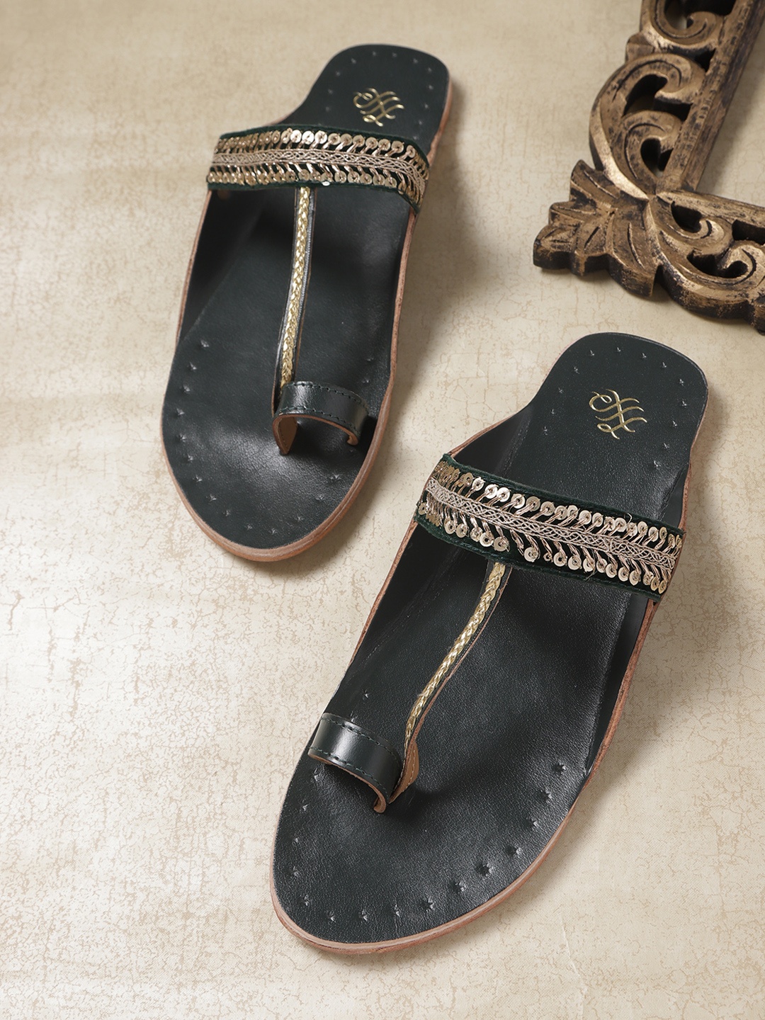 

House of Pataudi Women Green & Gold-Toned Embellished Leather One Toe Flats