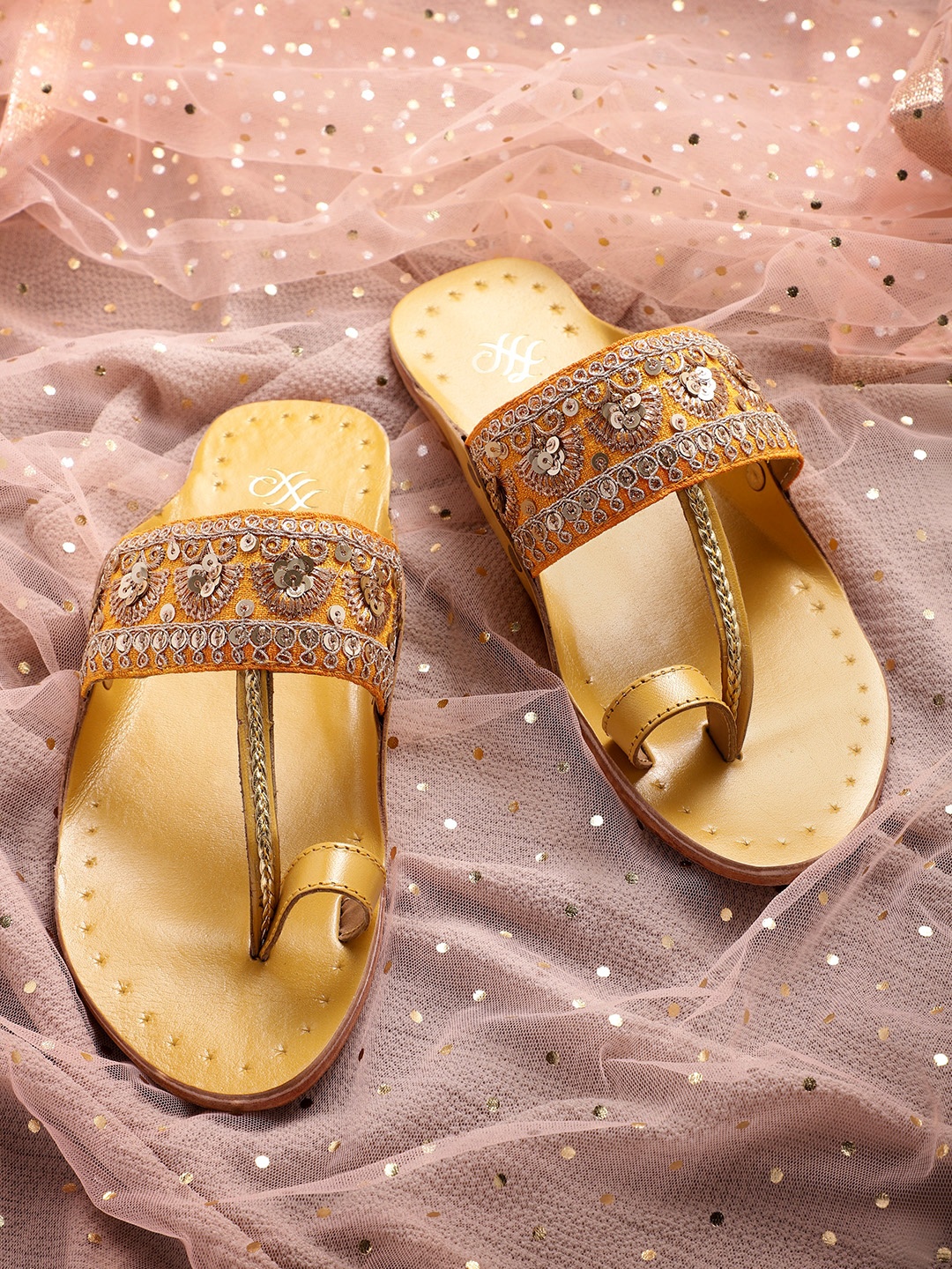 

House of Pataudi Women Mustard Yellow Handcrafted Embellished Leather One Toe Flats