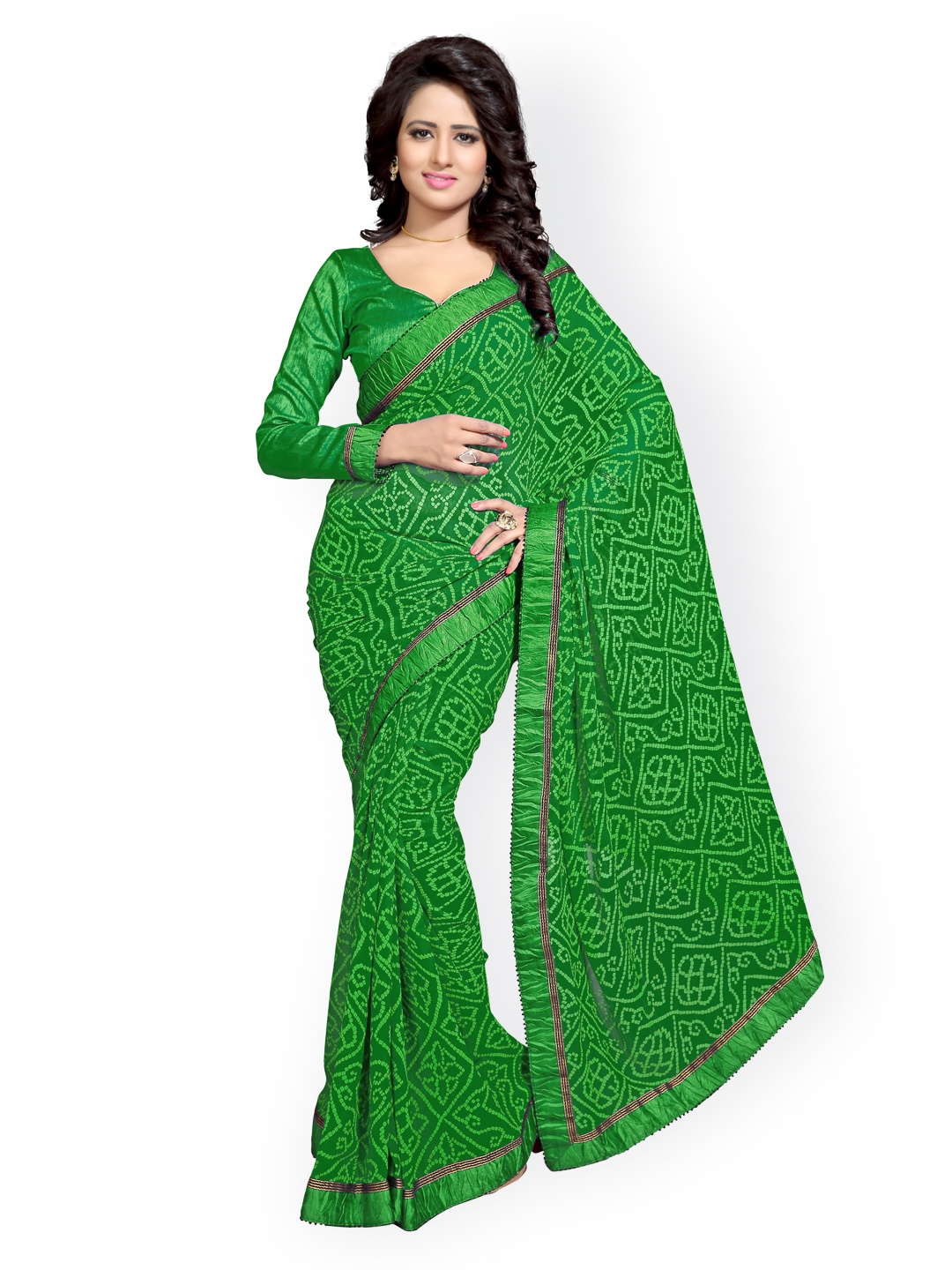 

MIRCHI FASHION Green Poly Georgette Bandhani Print Saree