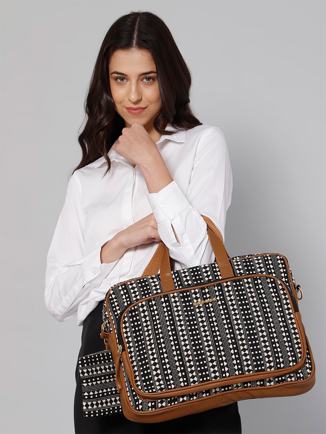 

ASTRID Women Black & White Textured Laptop Bag With Accessory Pouch