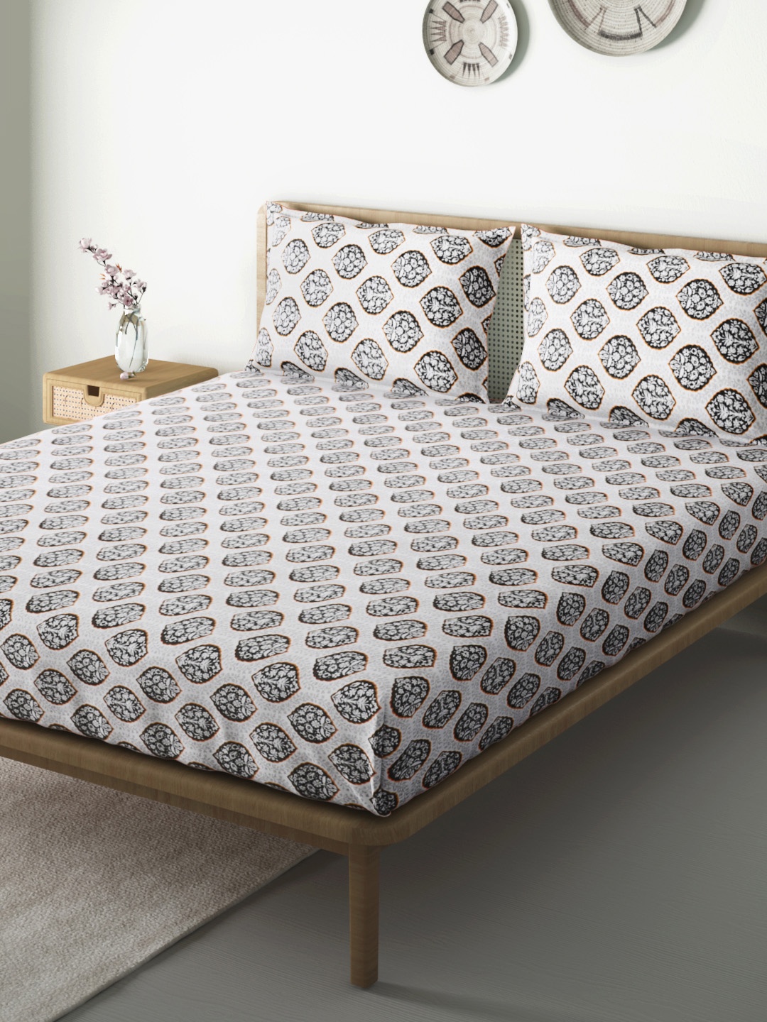 

Aura White & Charcoal Grey Ethnic 144 TC Cotton 120 GSM 1 Queen Bedsheet & 2 Pillow Covers