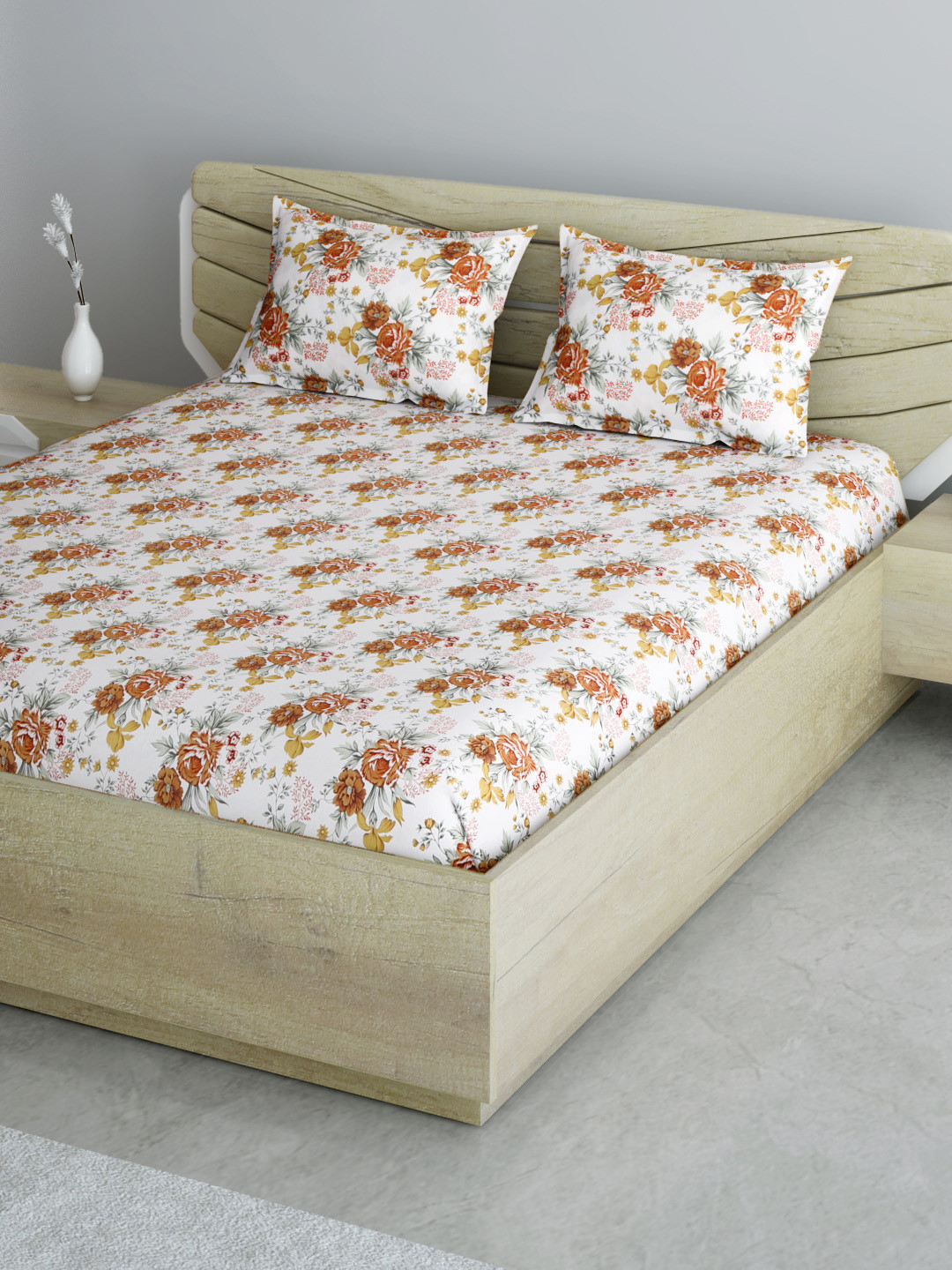

Aura Off White & Brown Floral 144 TC Queen Bedsheet with 2 Pillow Covers