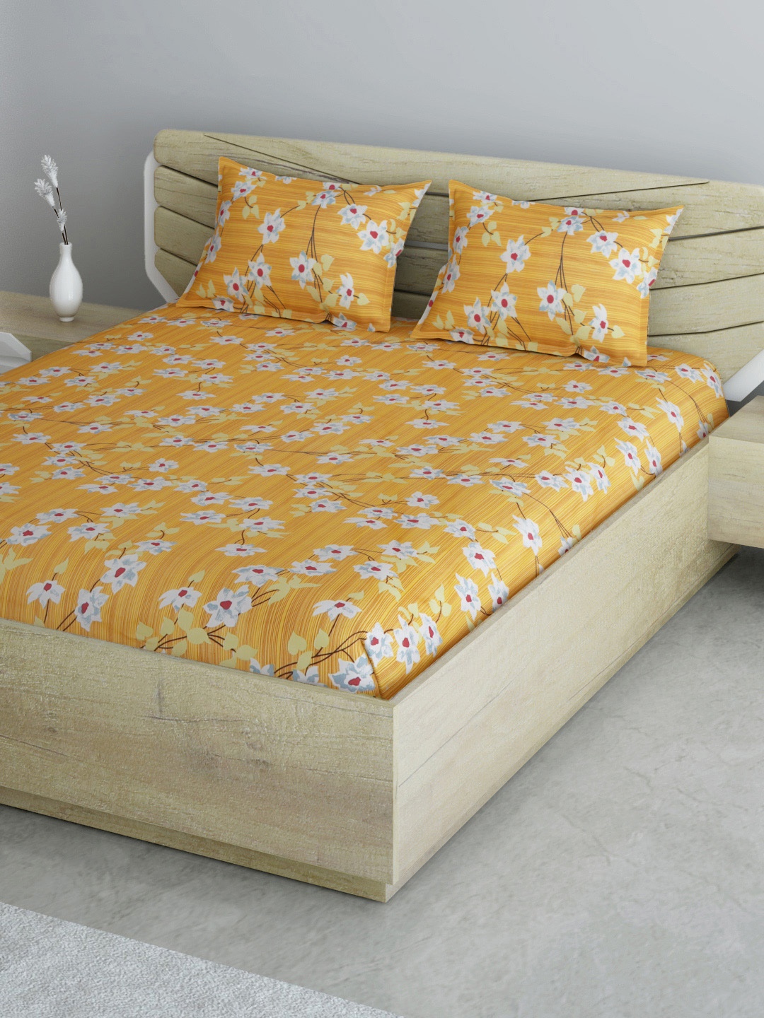

Aura Mustard & White Floral 144 TC Queen Bedsheet with 2 Pillow Covers