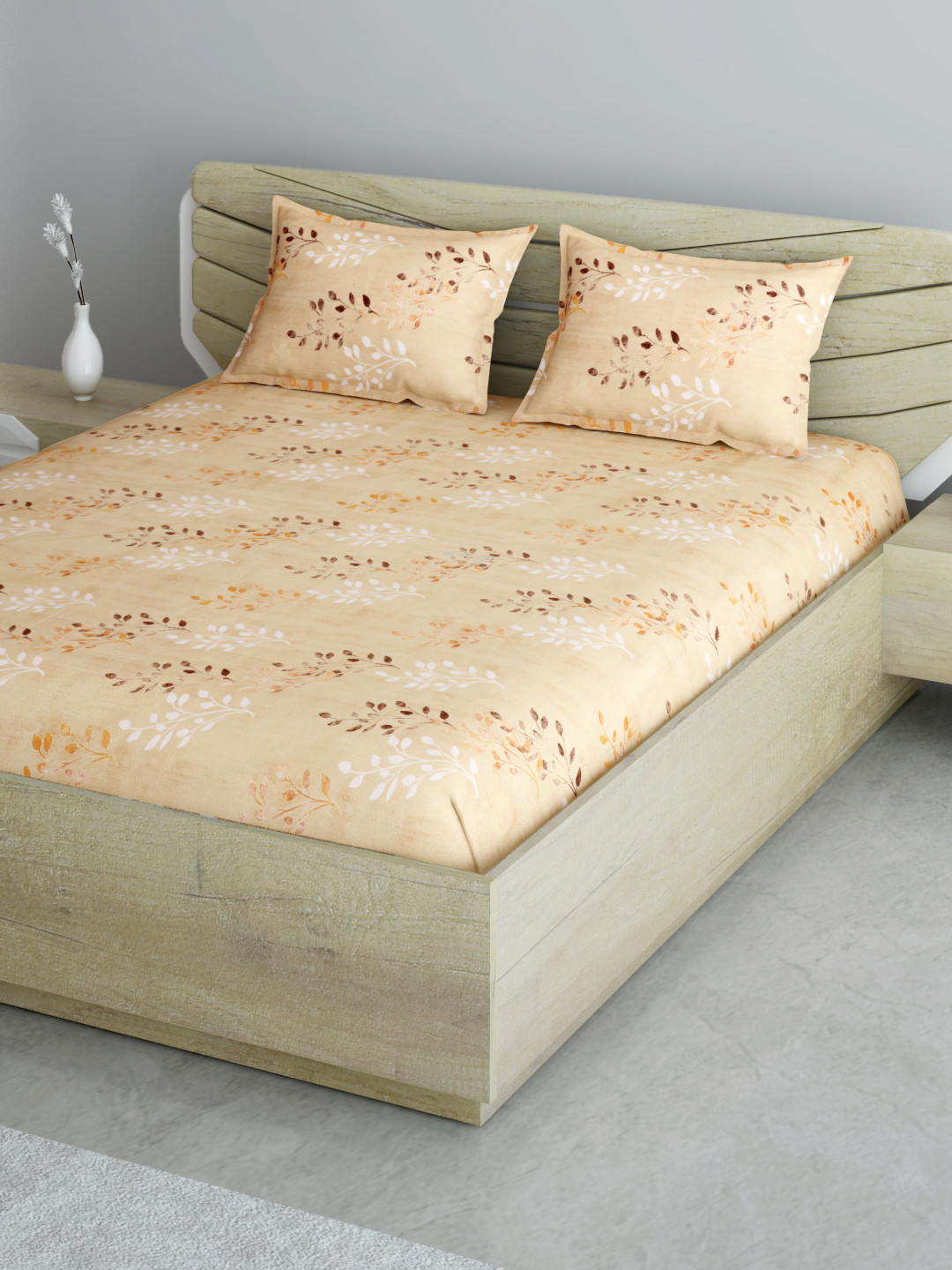 

Aura Peach-Coloured & Brown Floral 144 TC 120 GSM Cotton 1 Queen Bedsheet & 2 Pillow Cover