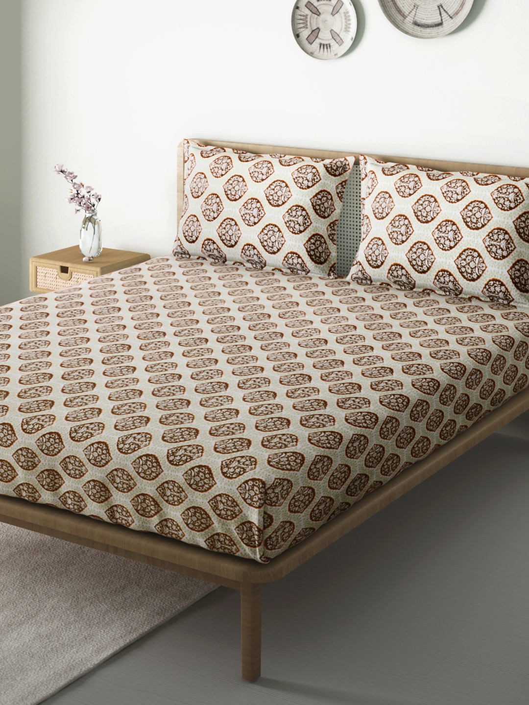 

Aura Beige & Coffee Brown Ethnic 144 TC 120 GSM Cotton 1 Queen Bedsheet & 2 Pillow Covers