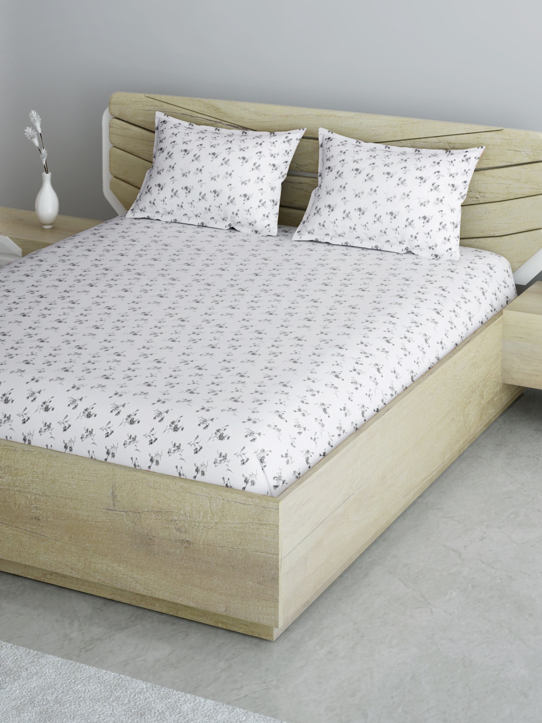 

Aura White & Grey Floral 144 TC 120 GSM Cotton 1 Queen Bedsheet with 2 Pillow Covers