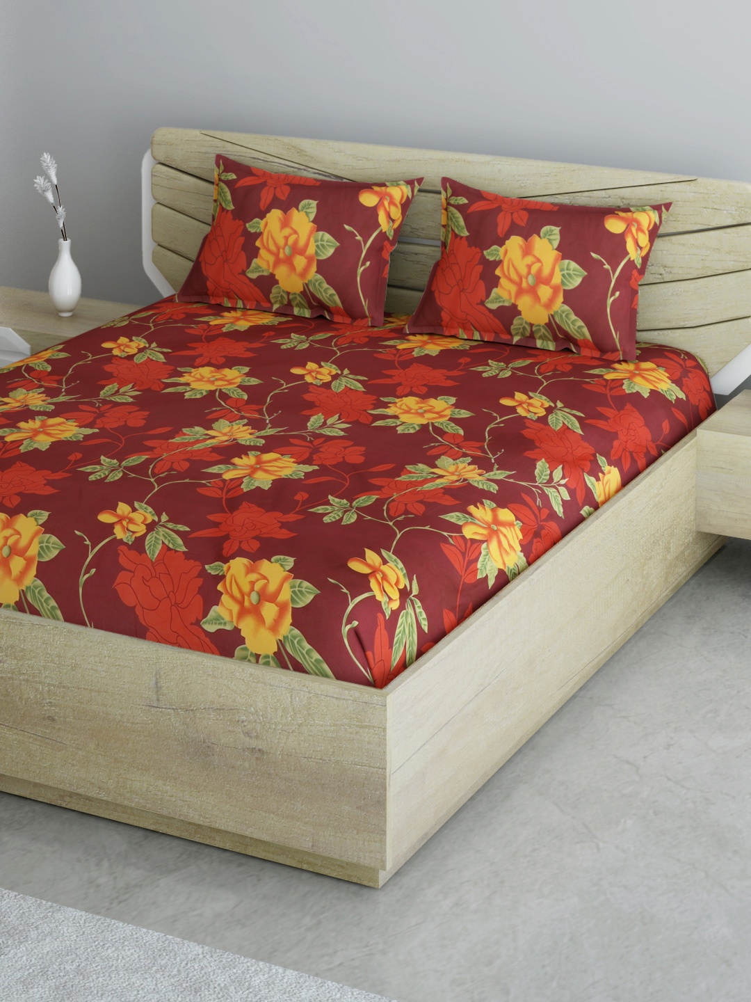 

Aura Maroon & Green Floral 144 TC 120 GSM Queen Bedsheet with 2 Pillow Covers