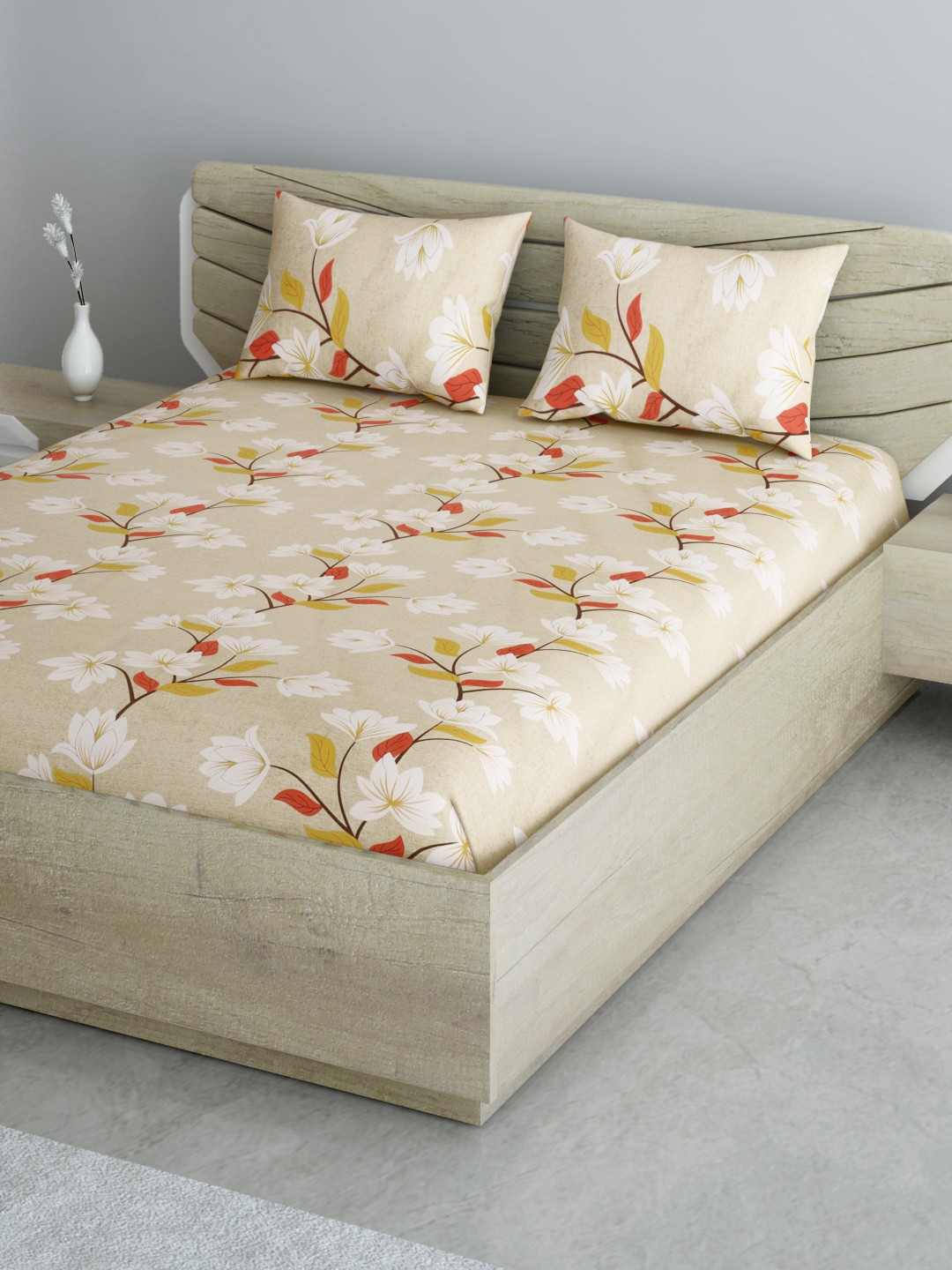

Aura Beige & White Pure Cotton Floral 144 TC Queen Bedsheet with 2 Pillow Covers