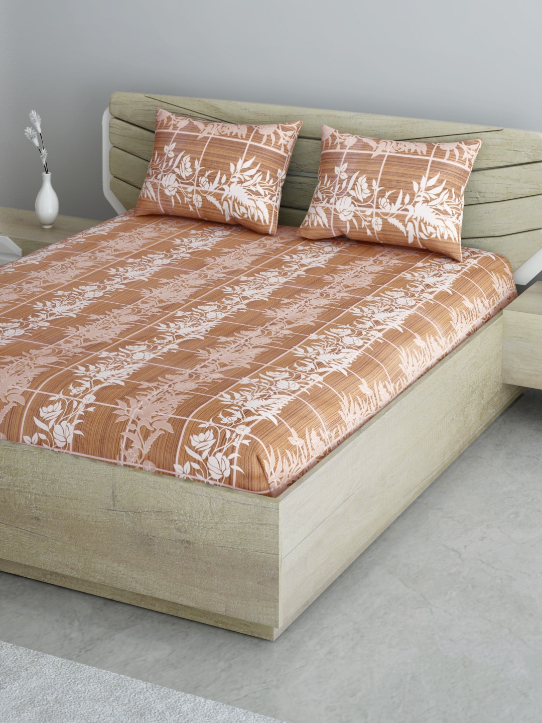 

Aura Orange & White Floral & Checked 144 TC 120 GSM Cotton Queen Bedsheet & 2 Pillow Cover