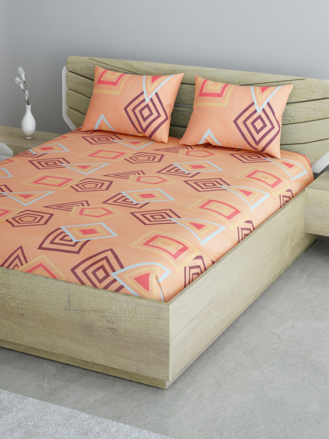 

Aura Peach-Coloured & Purple 144 TC 120 GSM Cotton Queen Bedsheet with 2 Pillow Covers
