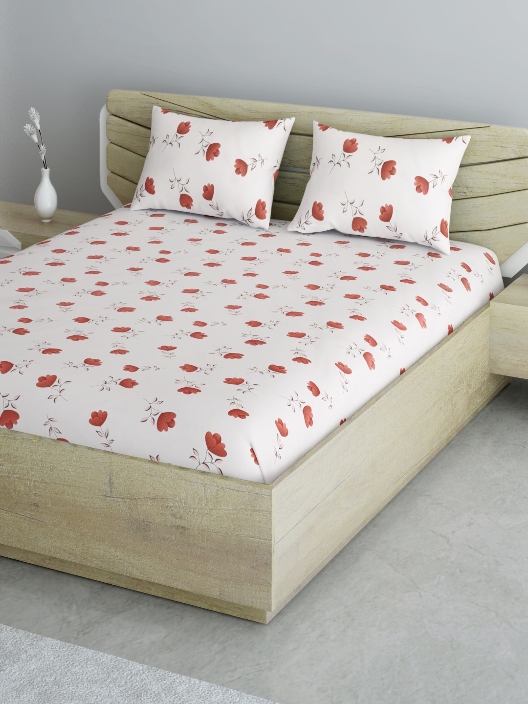 

Aura White & Red Pure Cotton Floral 144 TC Queen Bedsheet with 2 Pillow Covers