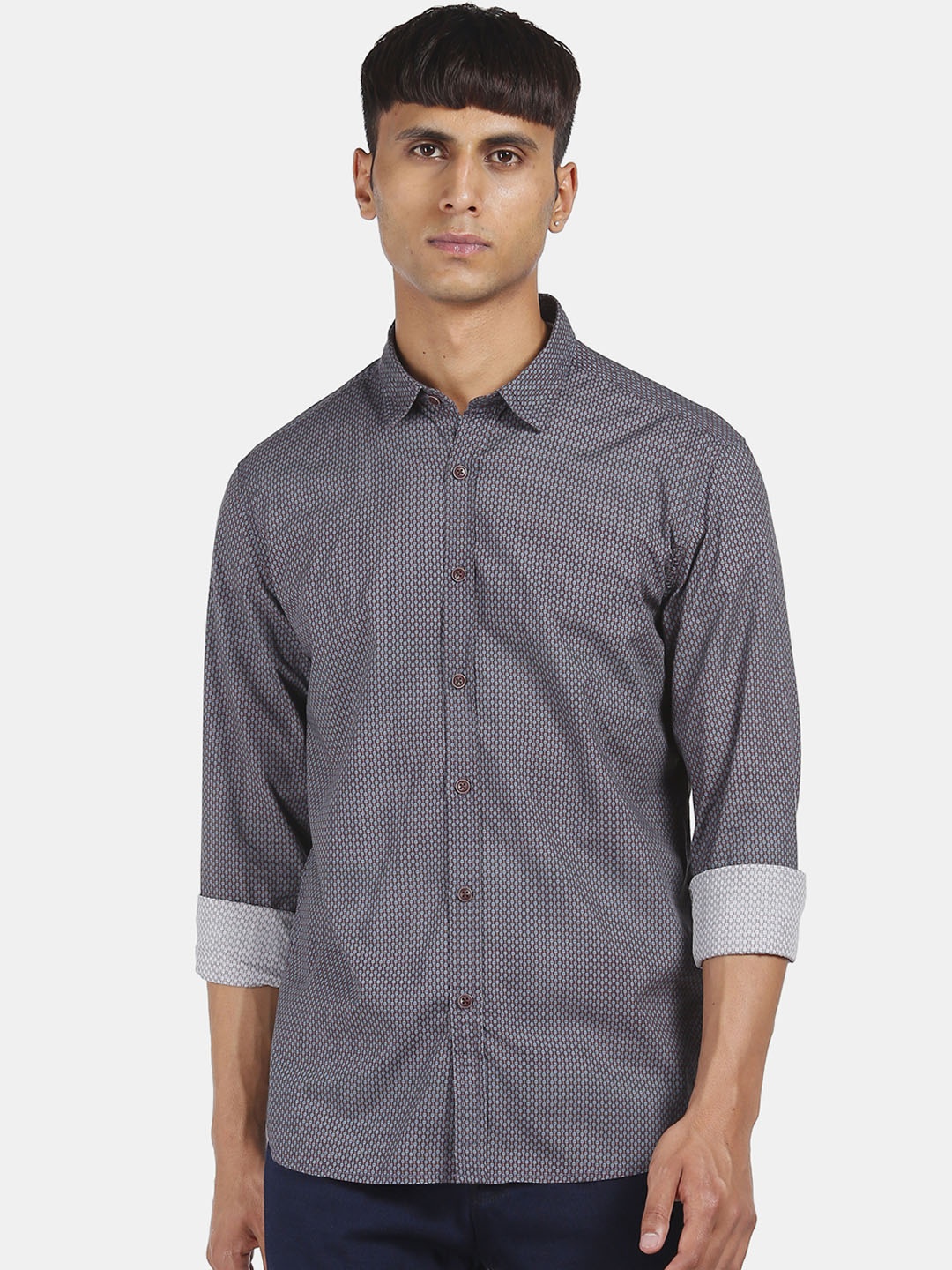 

Flying Machine Men Grey & Maroon Regular Fit Printed Cotton Casual Shirt