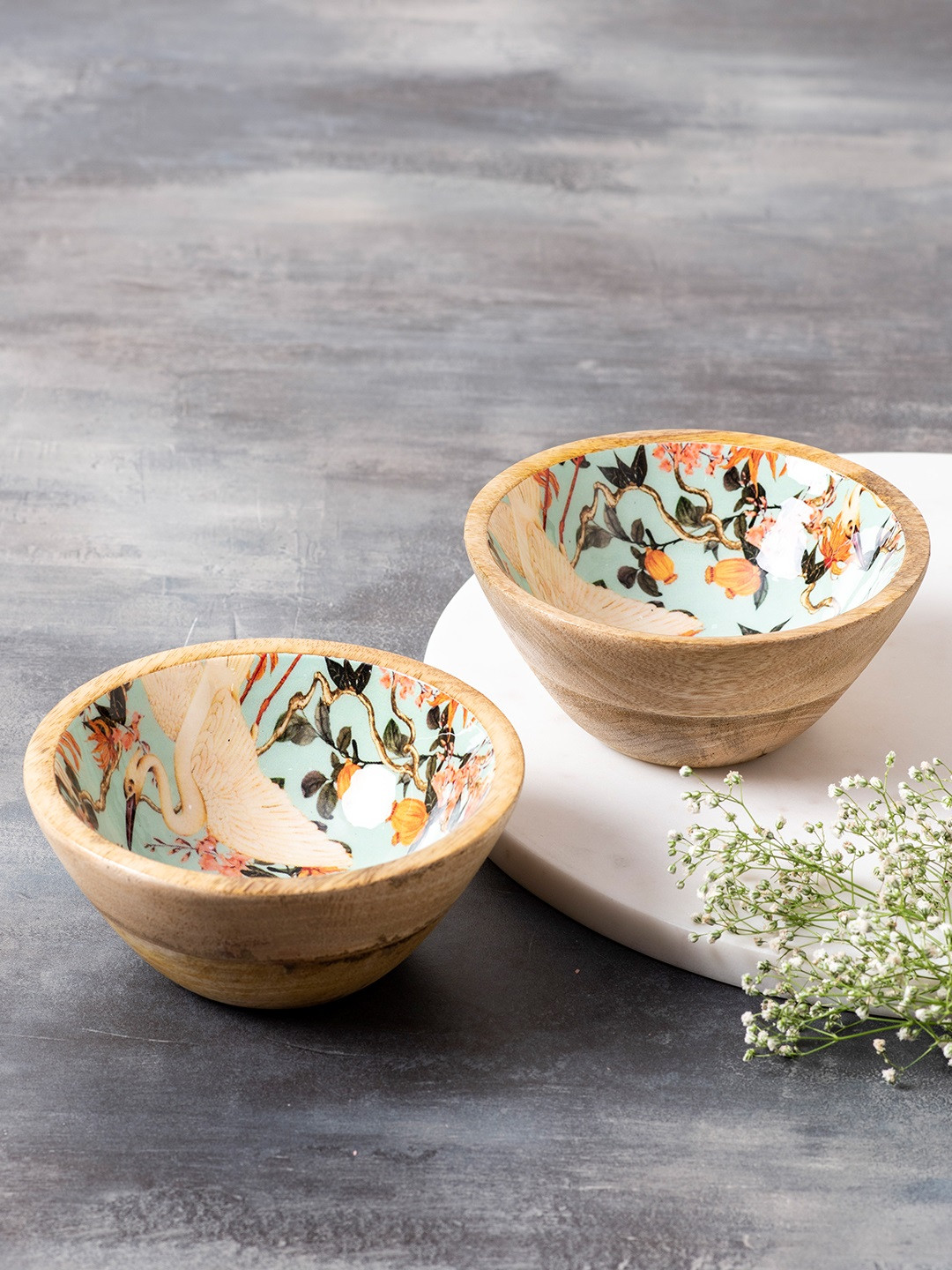 

nestroots Set Of 2 Beige & Blue Printed Enamelled Wooden Bowls