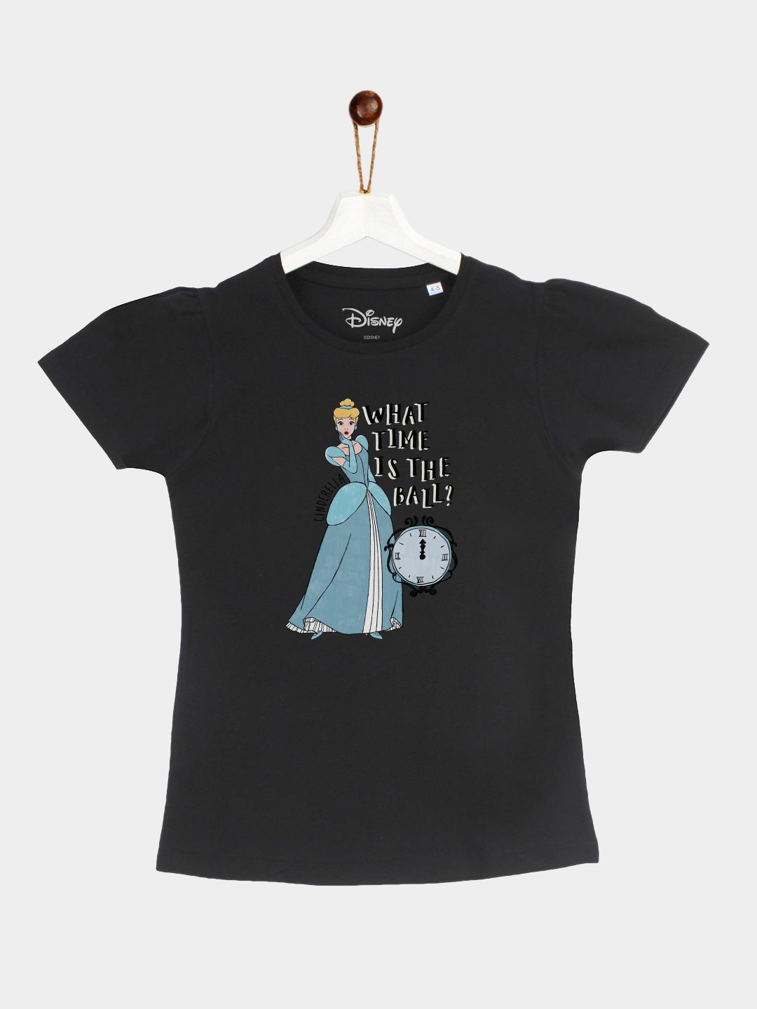 

YK Disney Girls Black Princess Cinderella Printed Round Neck T-shirt