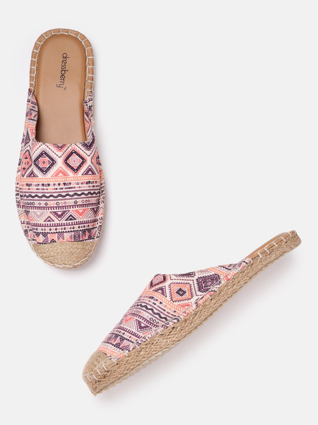 

DressBerry Women Off White & Purple Printed Espadrille Mules