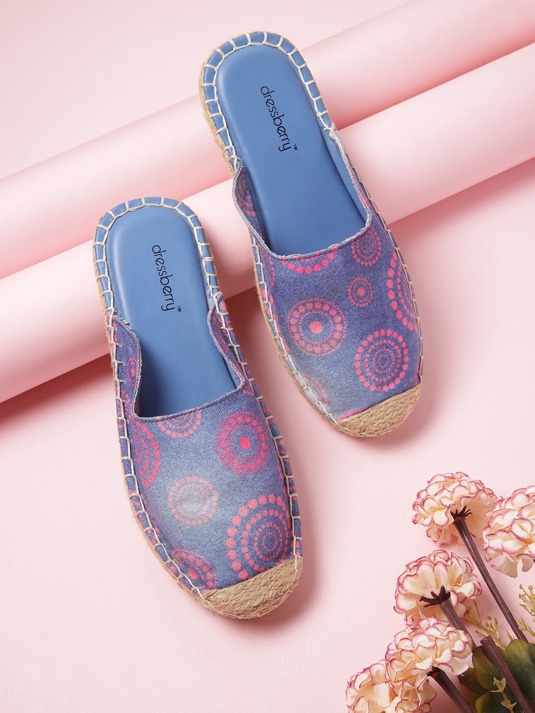 

DressBerry Women Blue & Pink Printed Denim Espadrilles Mules