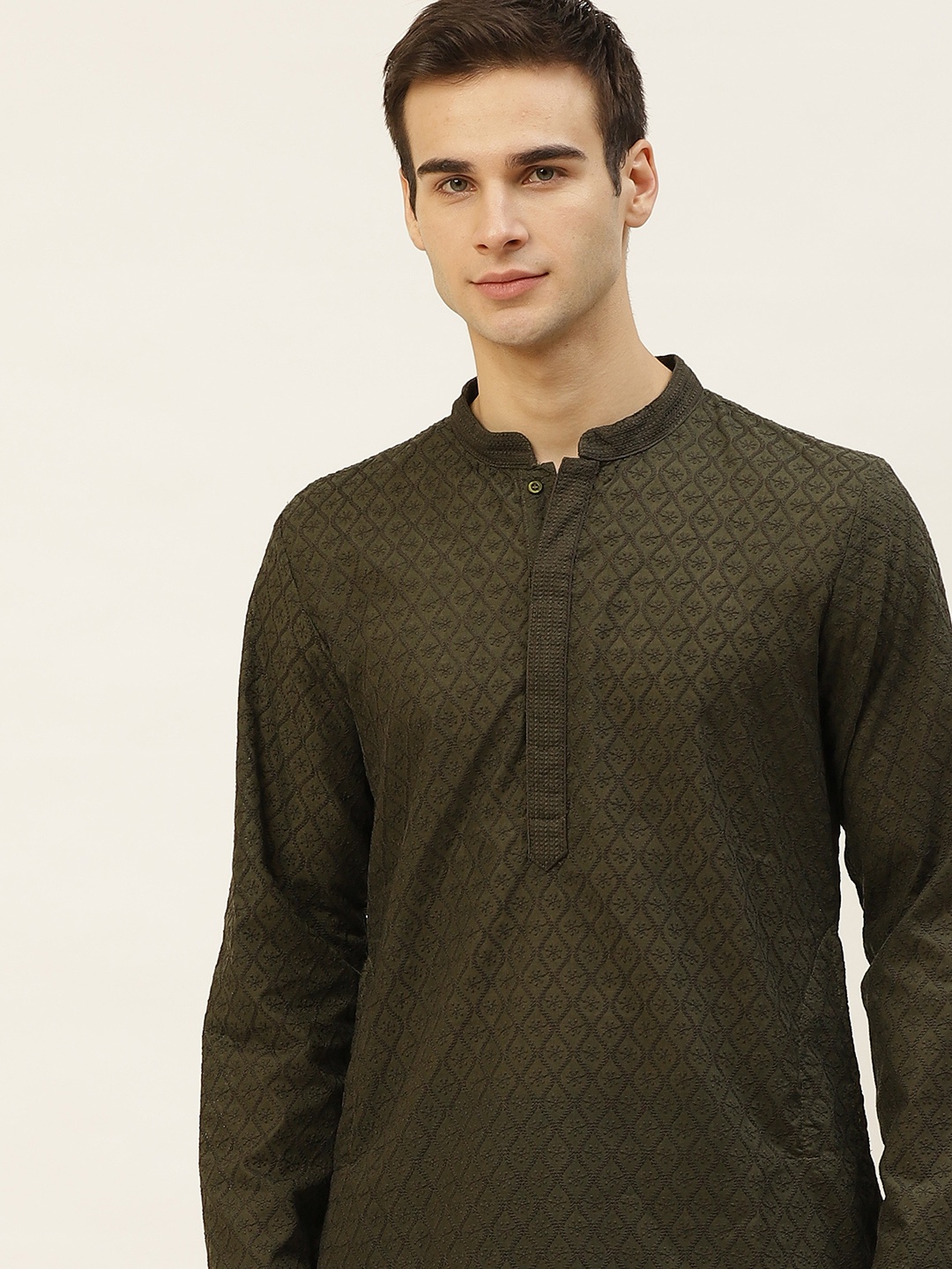 

House of Pataudi Men Olive Ethnic Motifs Embroidered Chikankari Kurta