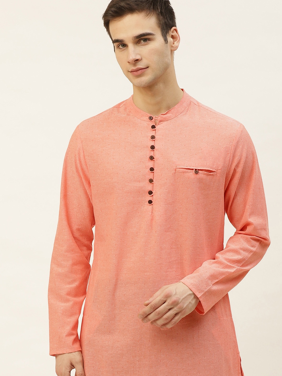 

Ode by House of Pataudi Men Peach Coloured Pure Cotton Asymmetric A-line Kurta
