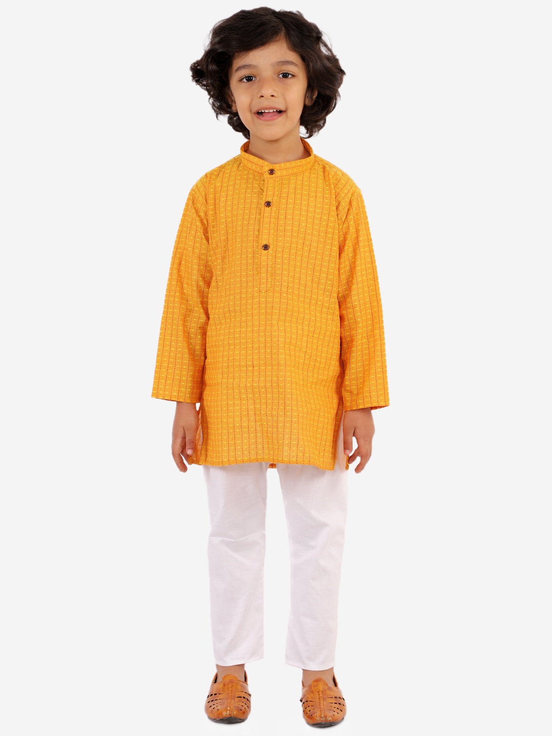 

Superminis Boys Yellow Embroidered Angrakha Pure Cotton Kurta with Pyjamas