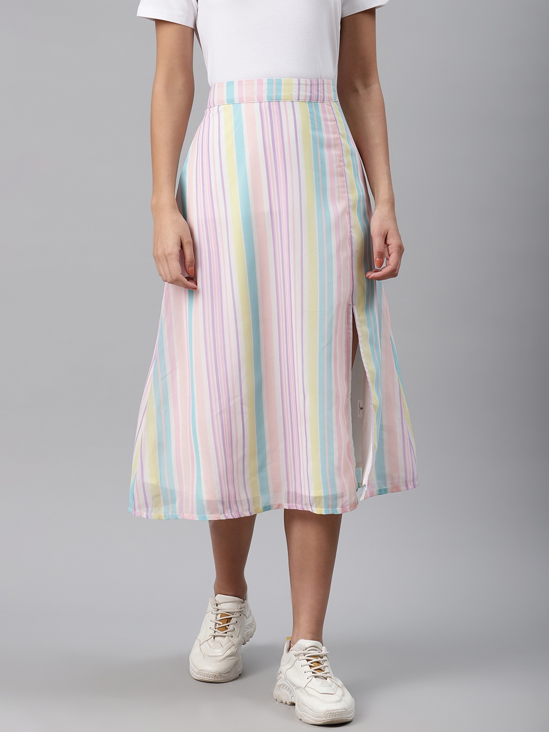 

Trend Arrest Women White & Pink Striped A-line Skirt