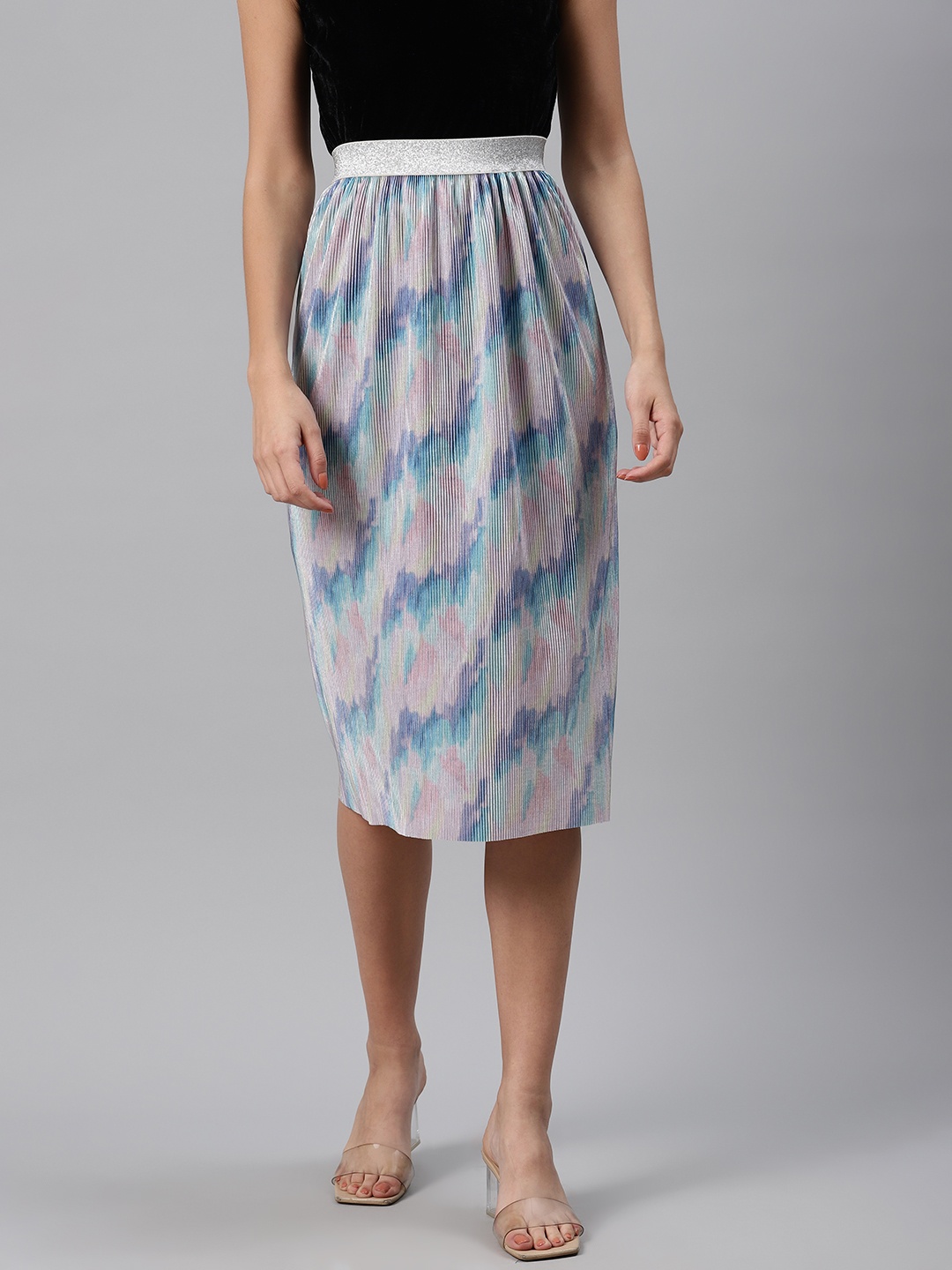 

Trend Arrest Women Blue & Pink Ribbed Dyed Straight Skirt