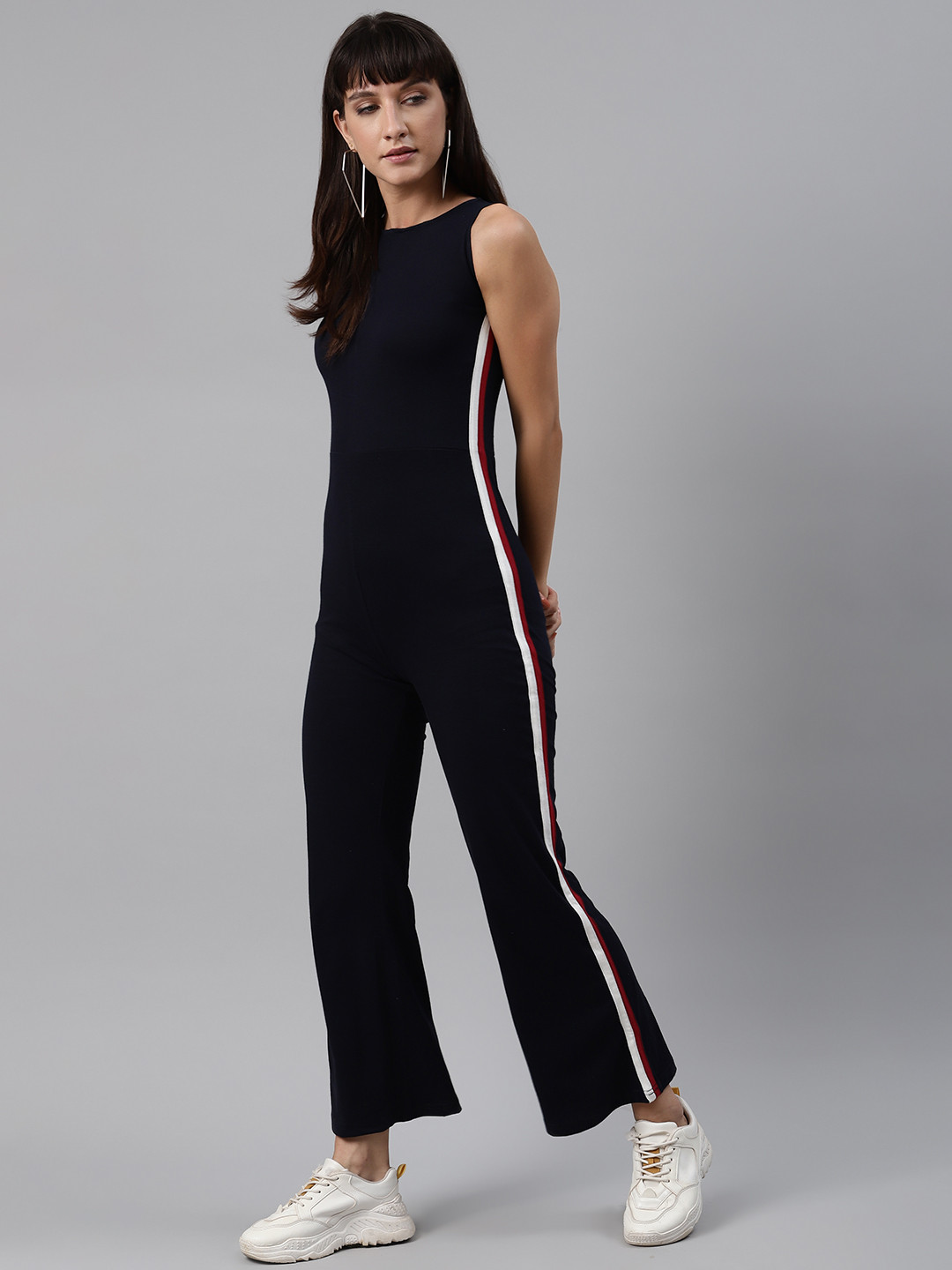 

Trend Arrest Women Navy Blue & White Side-Stripe Cotton Basic Jumpsuit
