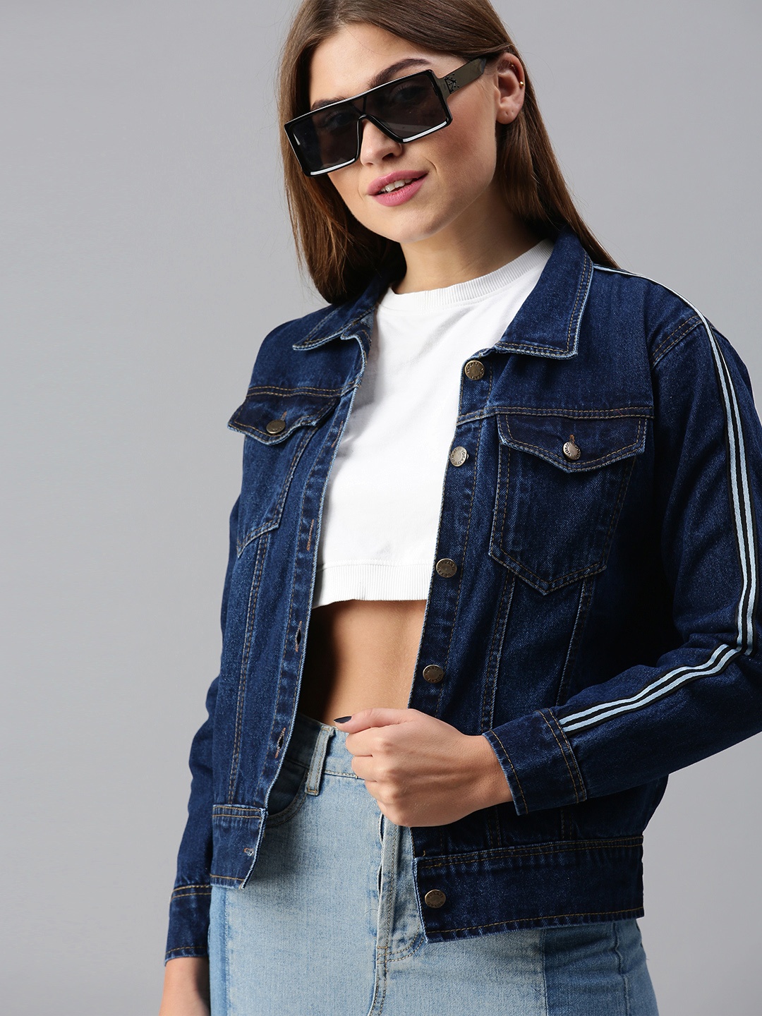 

VOXATI Women Blue Denim Jacket with Side Stripes