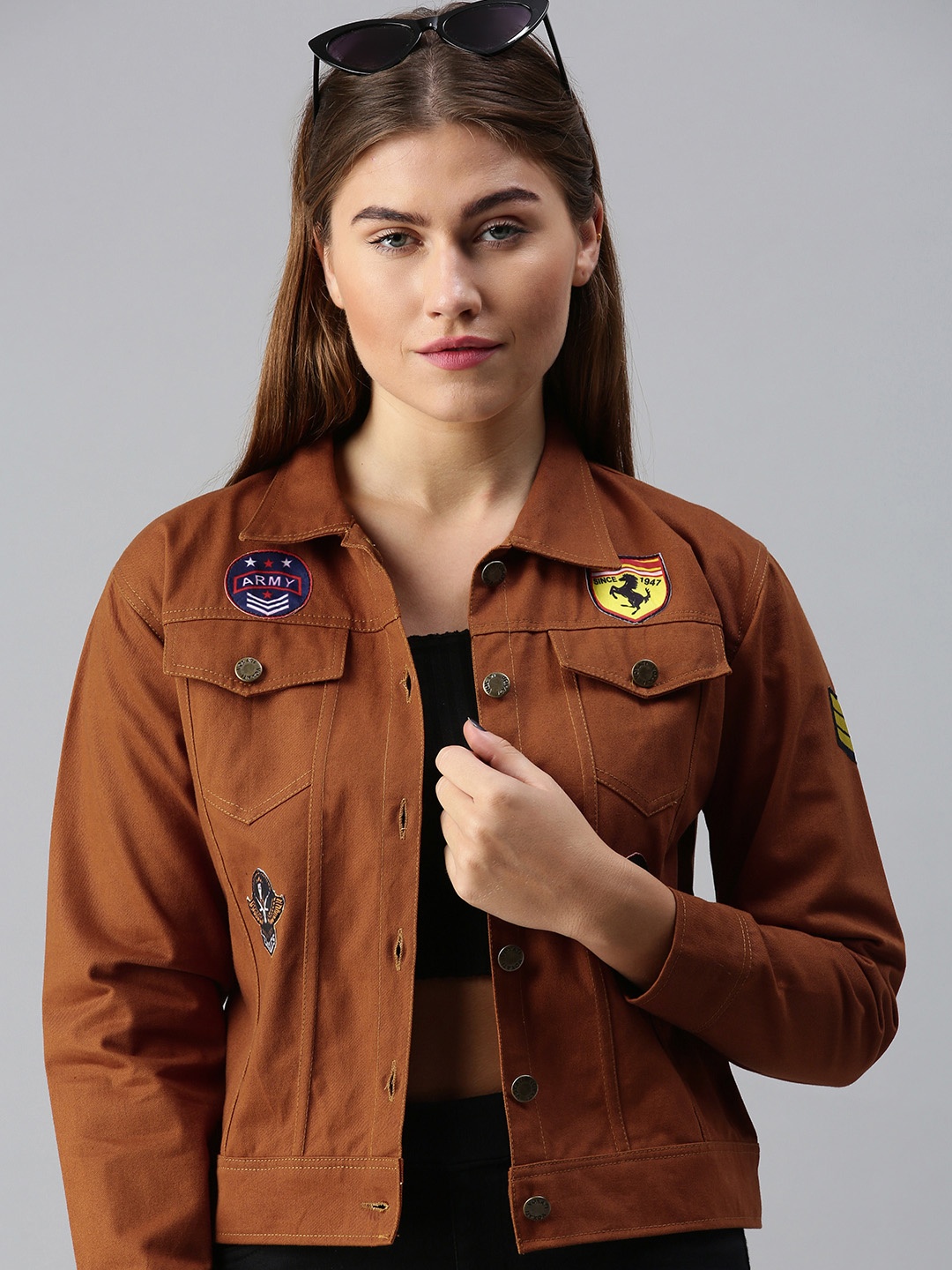 

VOXATI Women Brown Denim Jacket with Patchwork