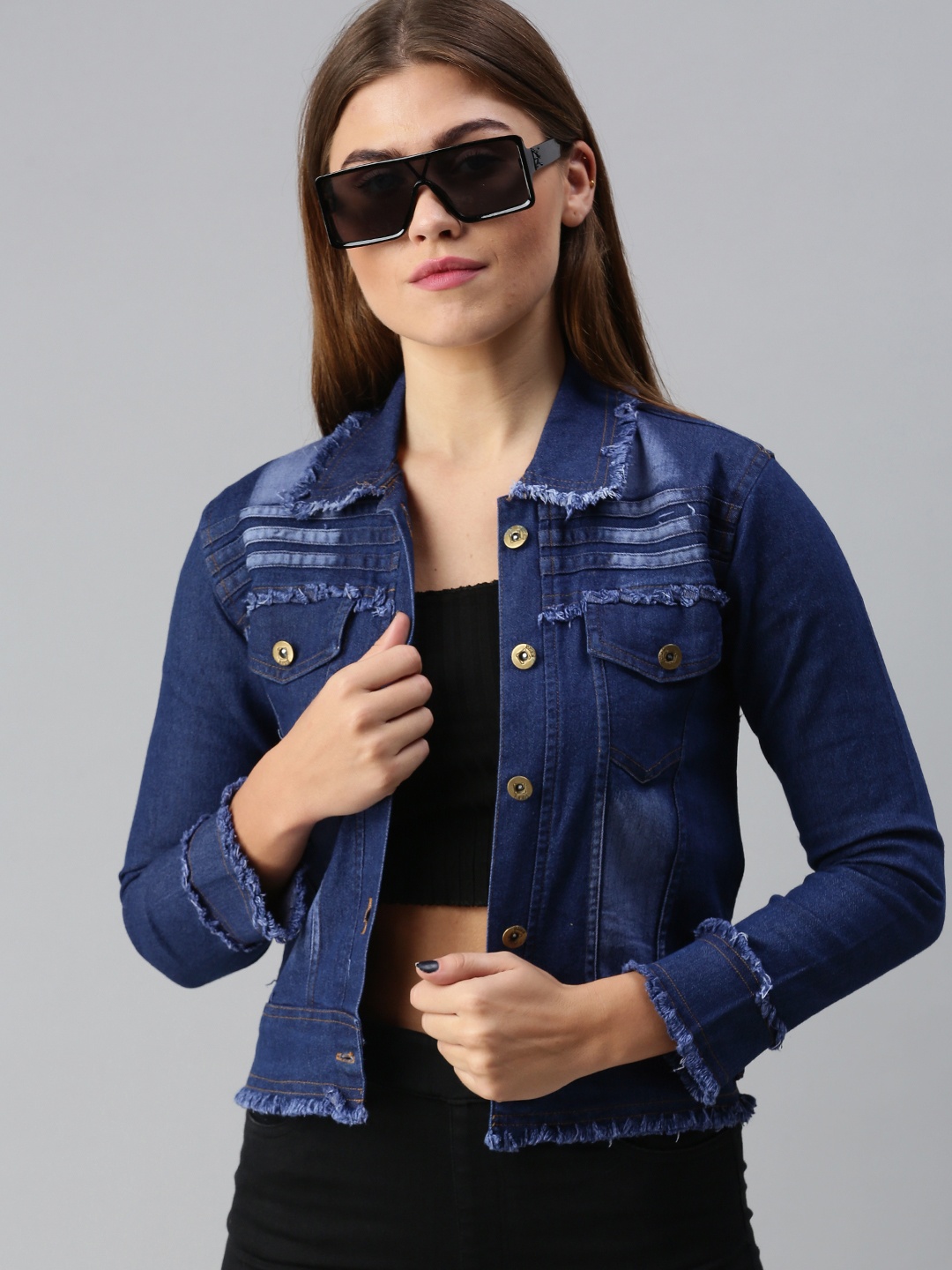 

VOXATI Women Blue Solid Denim Jacket with Frayed Hem