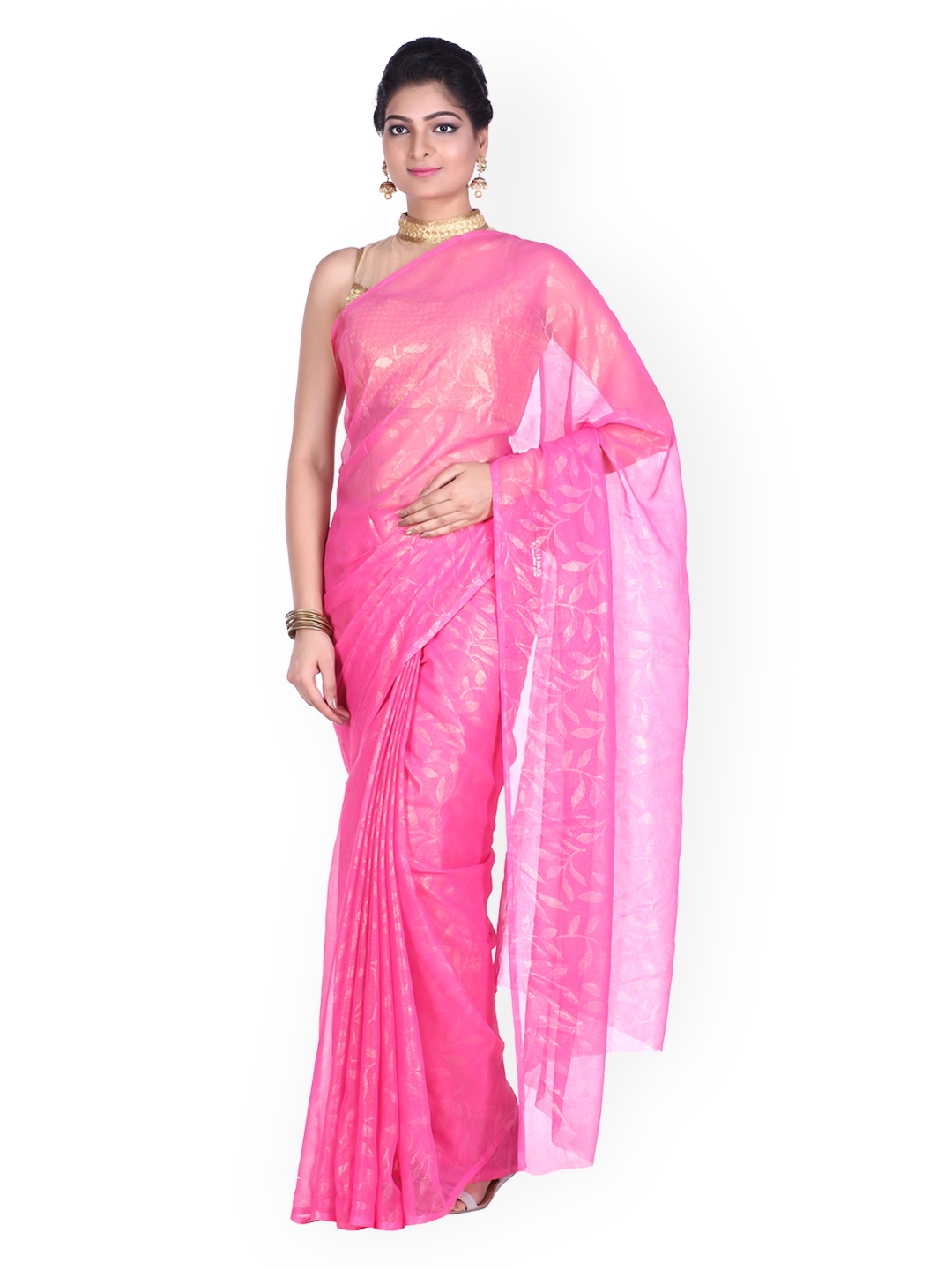 

SOUNDARYA Pink Chiffon & Art Silk Self-Printed Saree