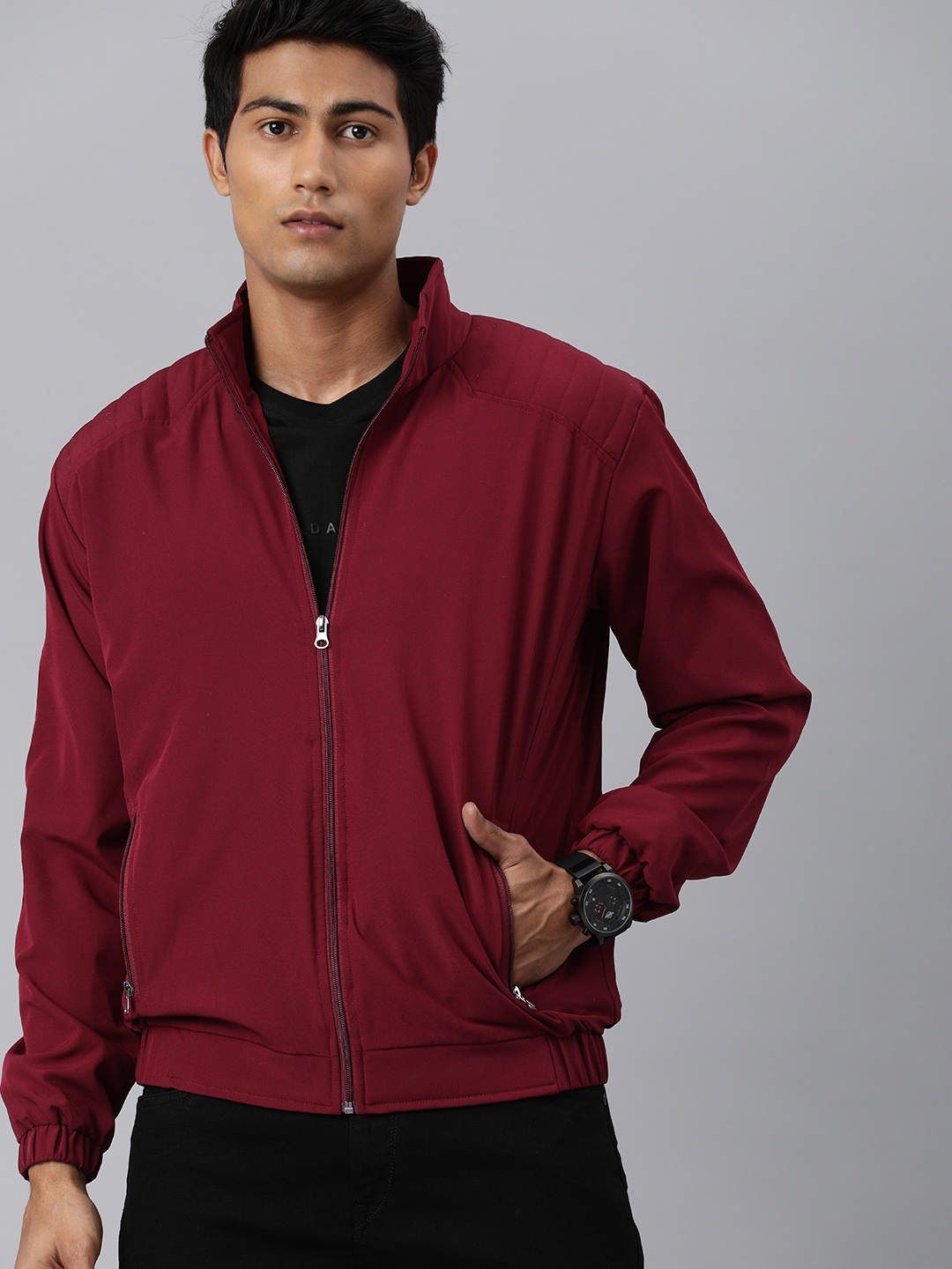 

VOXATI Men Maroon Windcheater Bomber Jacket