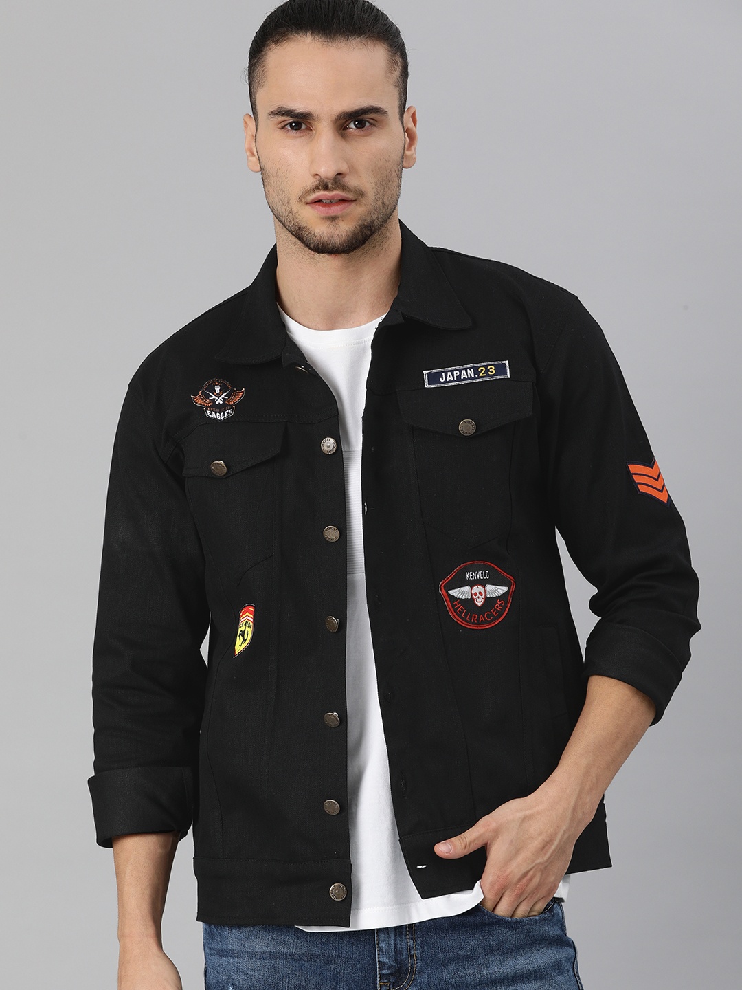 

VOXATI Men Black Denim Jacket with Applique Detailing