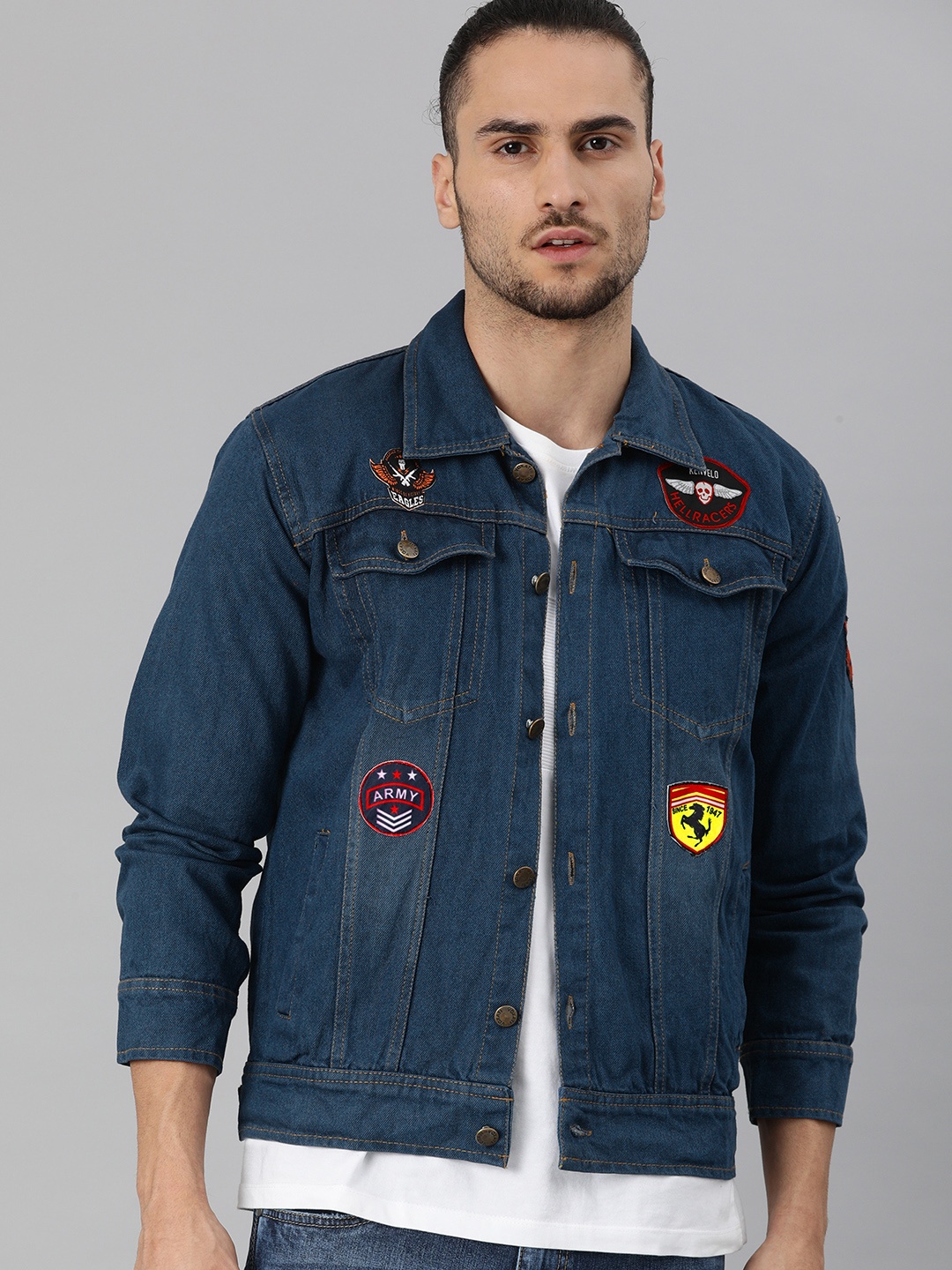 

VOXATI Men Blue Washed Denim Jacket with Applique Detailing