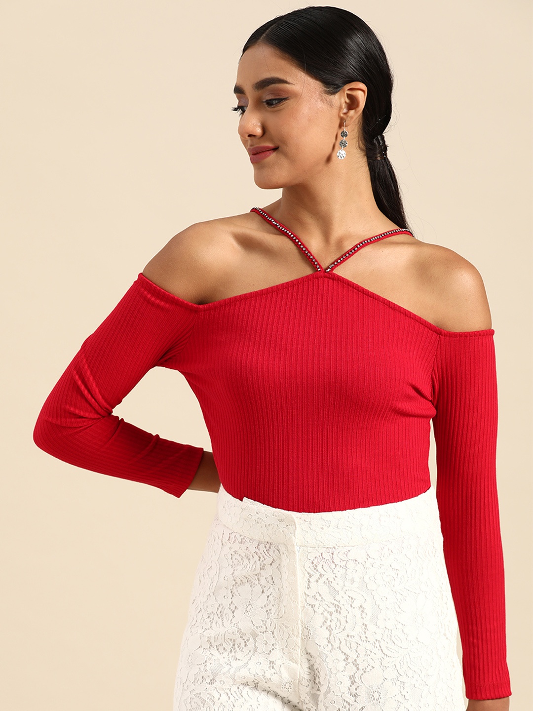 

COVER STORY Red Self-Striped Bardot Top