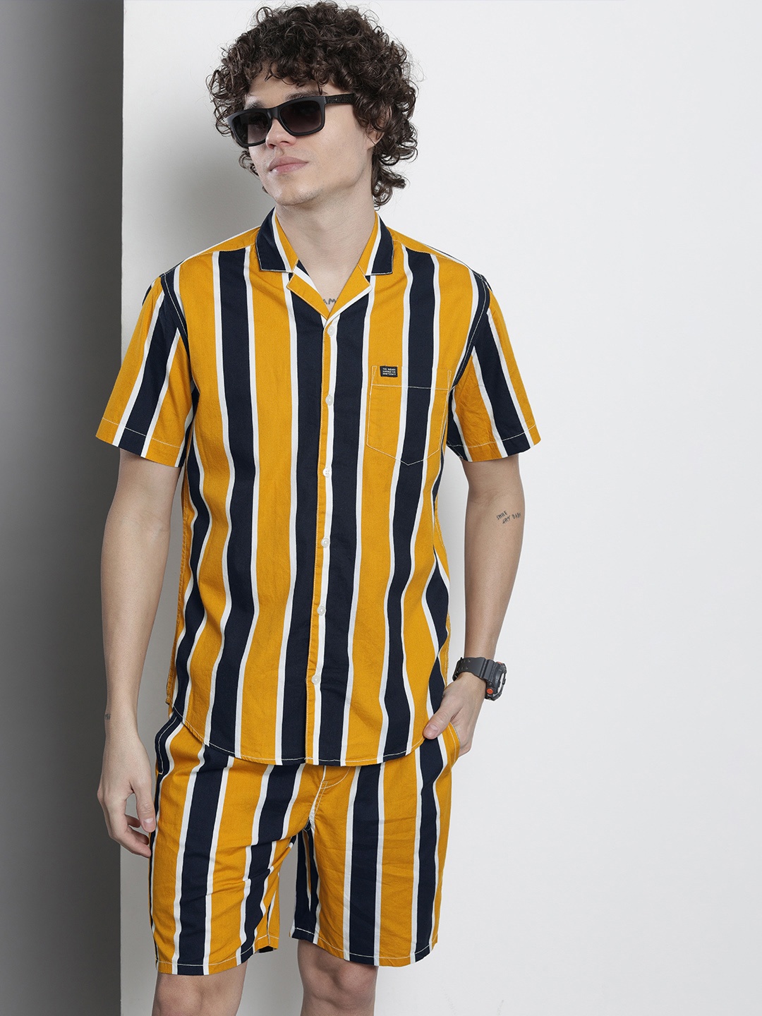 

The Indian Garage Co Men Striped Cotton Night suit, Yellow