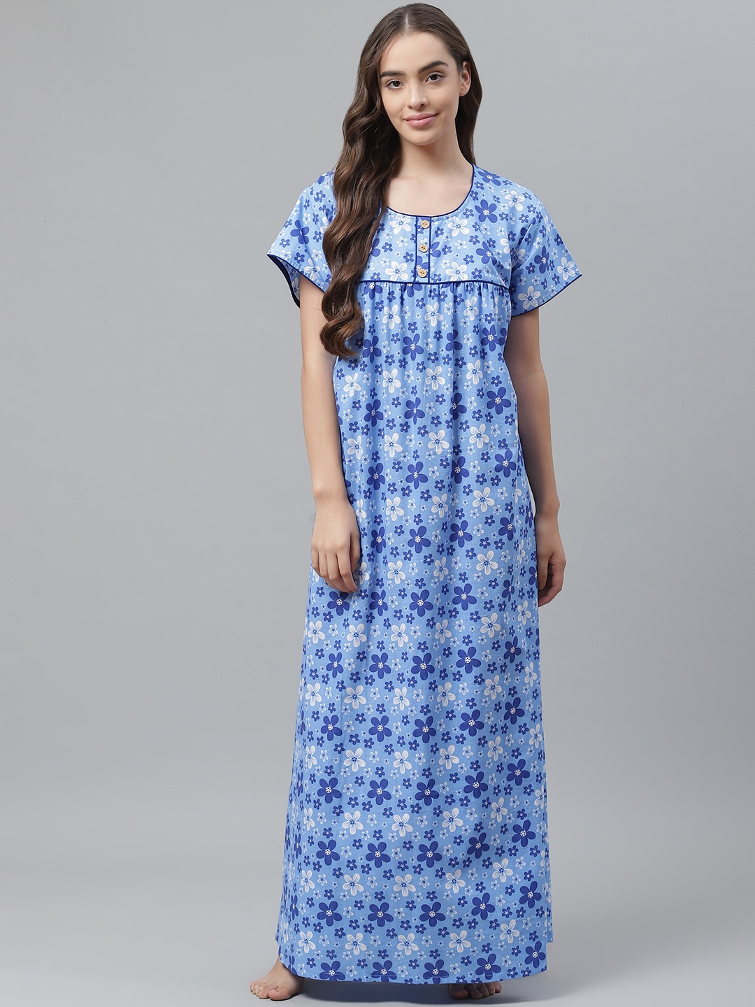

Vemante Blue & White Floral Printed Pure Cotton Maxi Nightdress