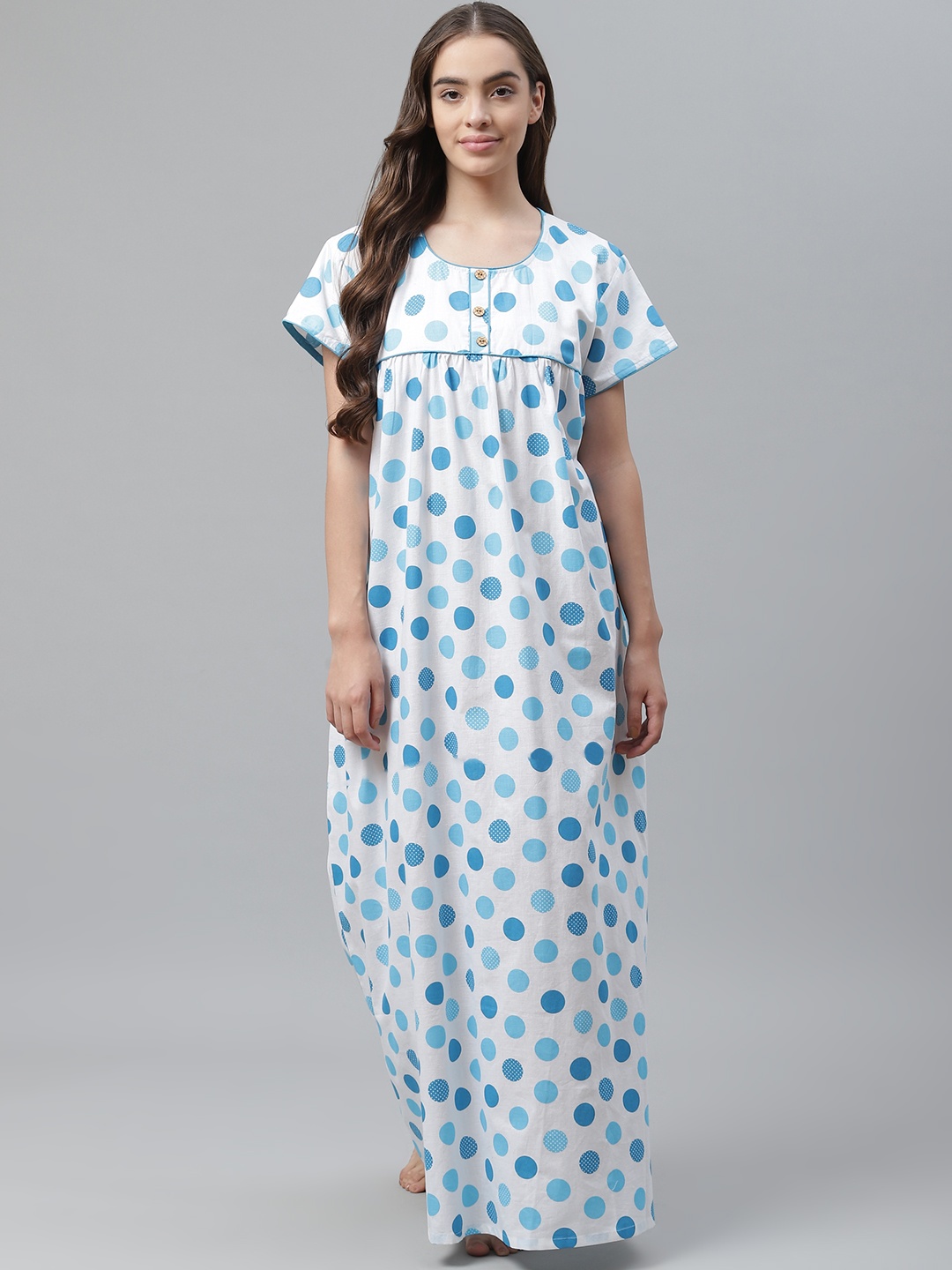 Vemante White & Blue Polka Dot Printed Pure Cotton Maxi Nightdress