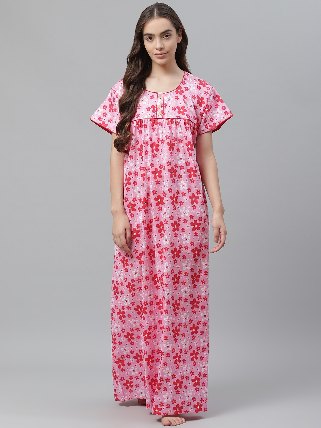 

Vemante Pink & Red Cotton Floral Print Maxi Nightdress