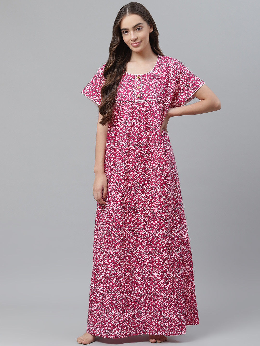

Vemante Fuchsia Pink & White Cotton Ditsy Floral Print Maxi Nightdress