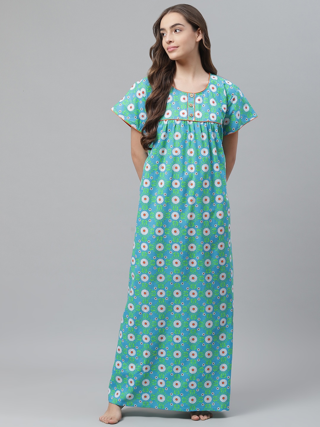 

Vemante Blue & White Floral Printed Pure Cotton Maxi Nightdress