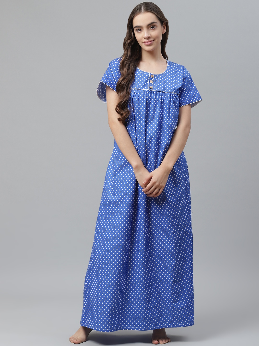 

Vemante Blue & White Cotton Polka Dot Print Maxi Nightdress