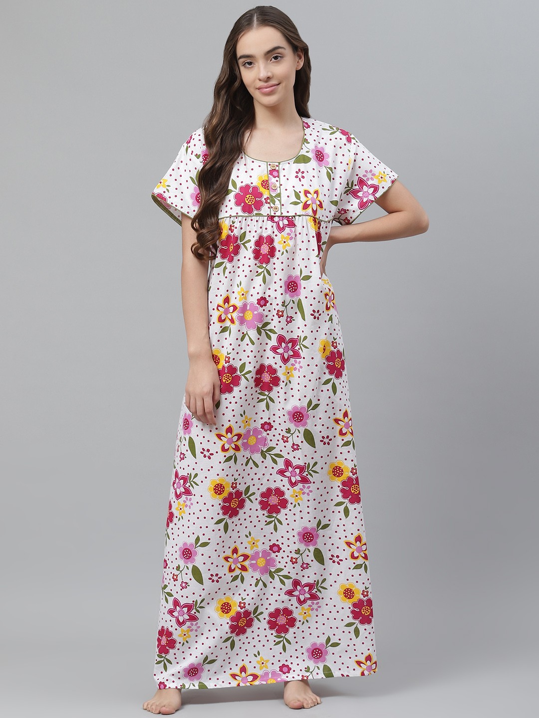 

Vemante White & Pink Floral Printed Pure Cotton Maxi Nightdress